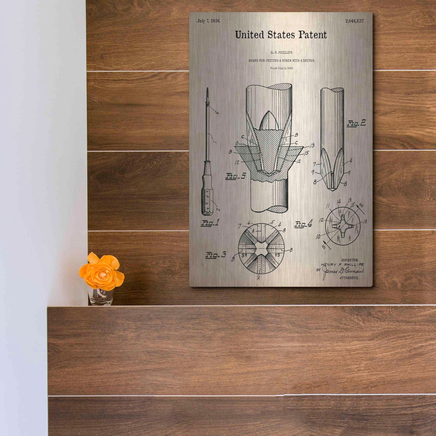 Luxe Metal Art 'Screw Driver Blueprint Patent Parchment,' Metal Wall Art,12x16