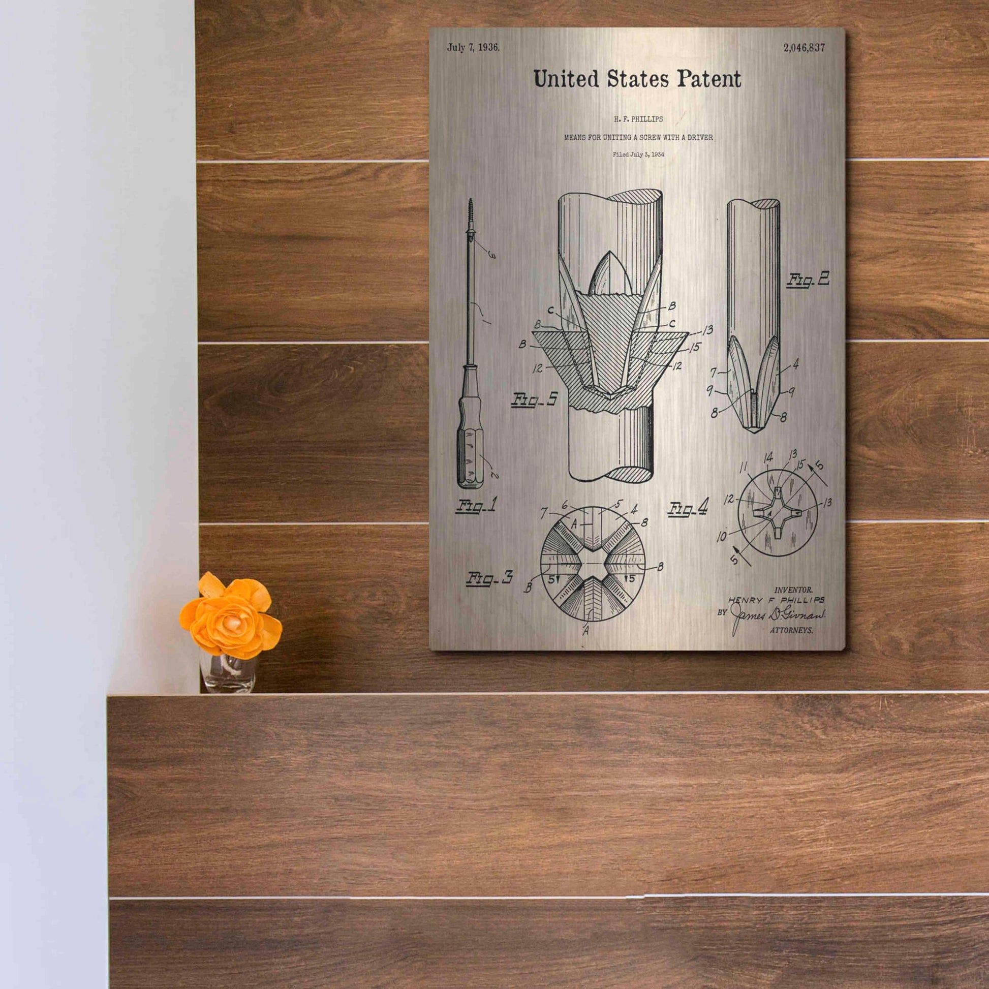 Luxe Metal Art 'Screw Driver Blueprint Patent Parchment,' Metal Wall Art,12x16