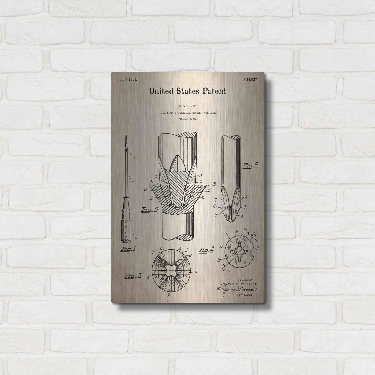 Luxe Metal Art 'Screw Driver Blueprint Patent Parchment,' Metal Wall Art,16x24