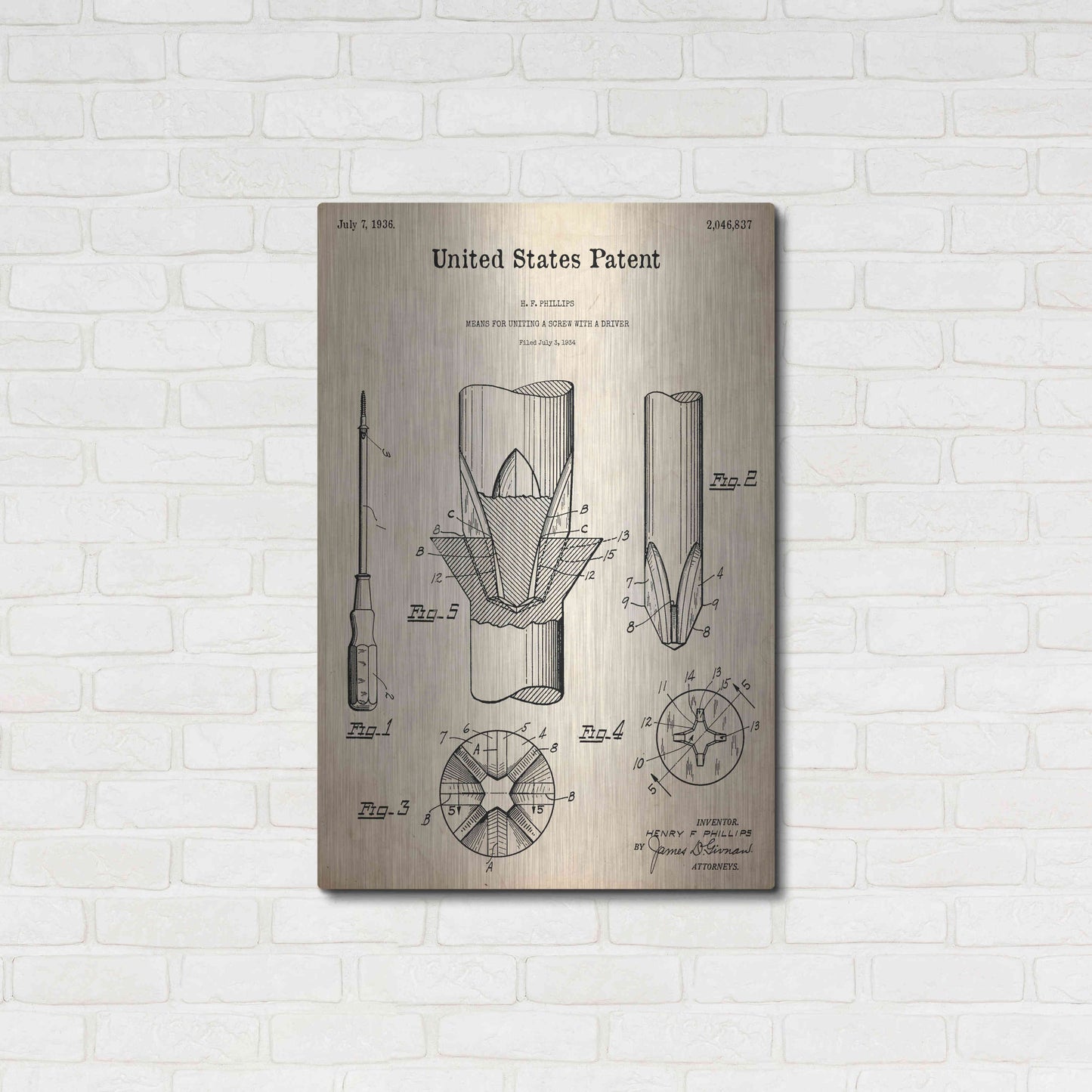 Luxe Metal Art 'Screw Driver Blueprint Patent Parchment,' Metal Wall Art,24x36