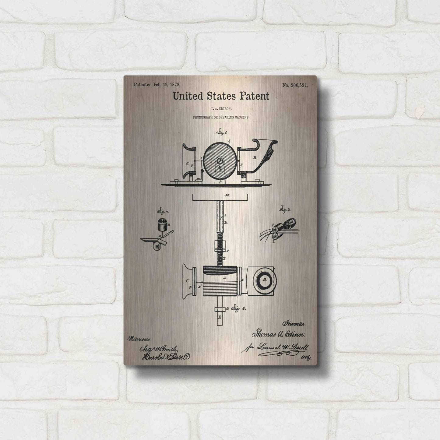 Luxe Metal Art 'Phonograph Blueprint Patent Parchment,' Metal Wall Art,12x16