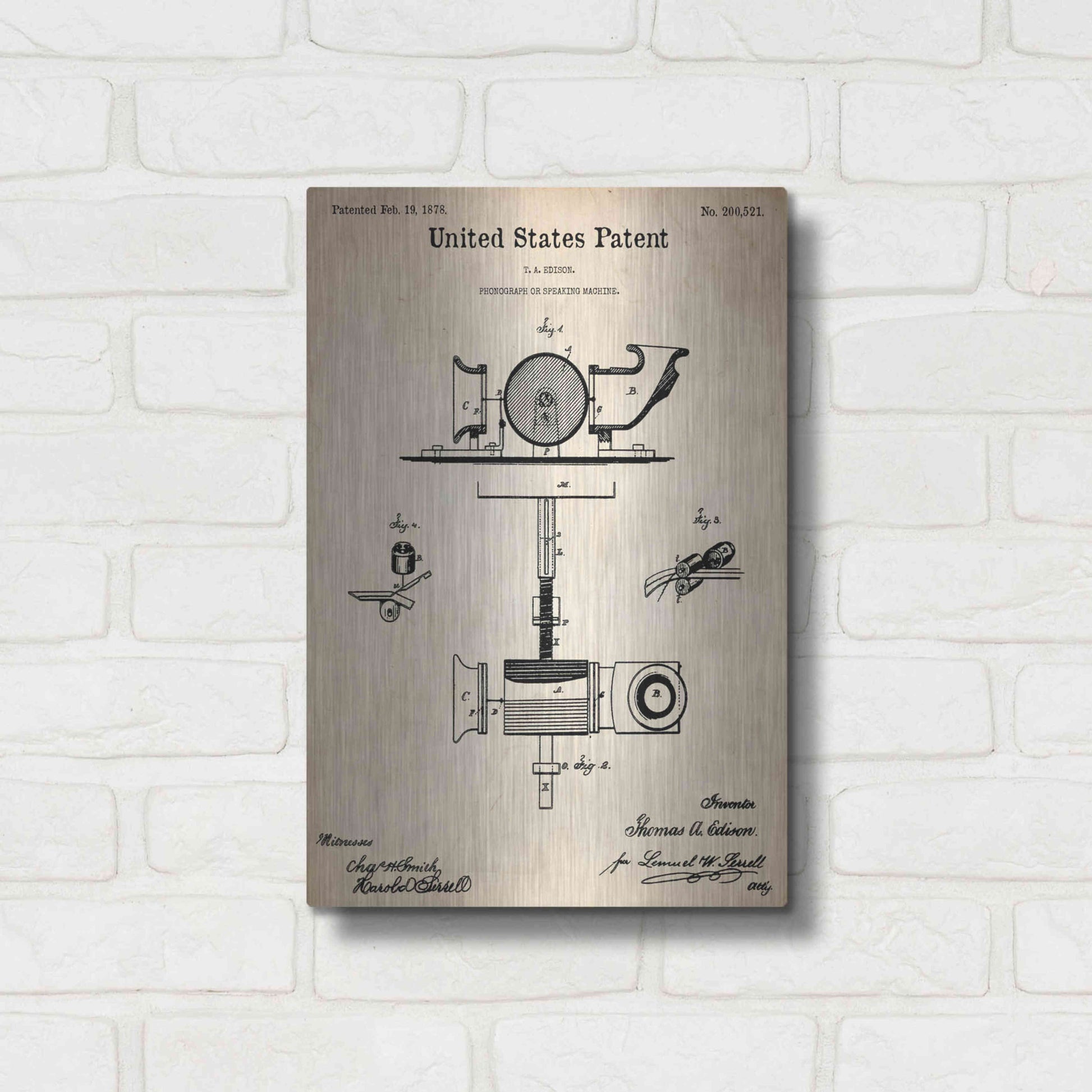 Luxe Metal Art 'Phonograph Blueprint Patent Parchment,' Metal Wall Art,12x16