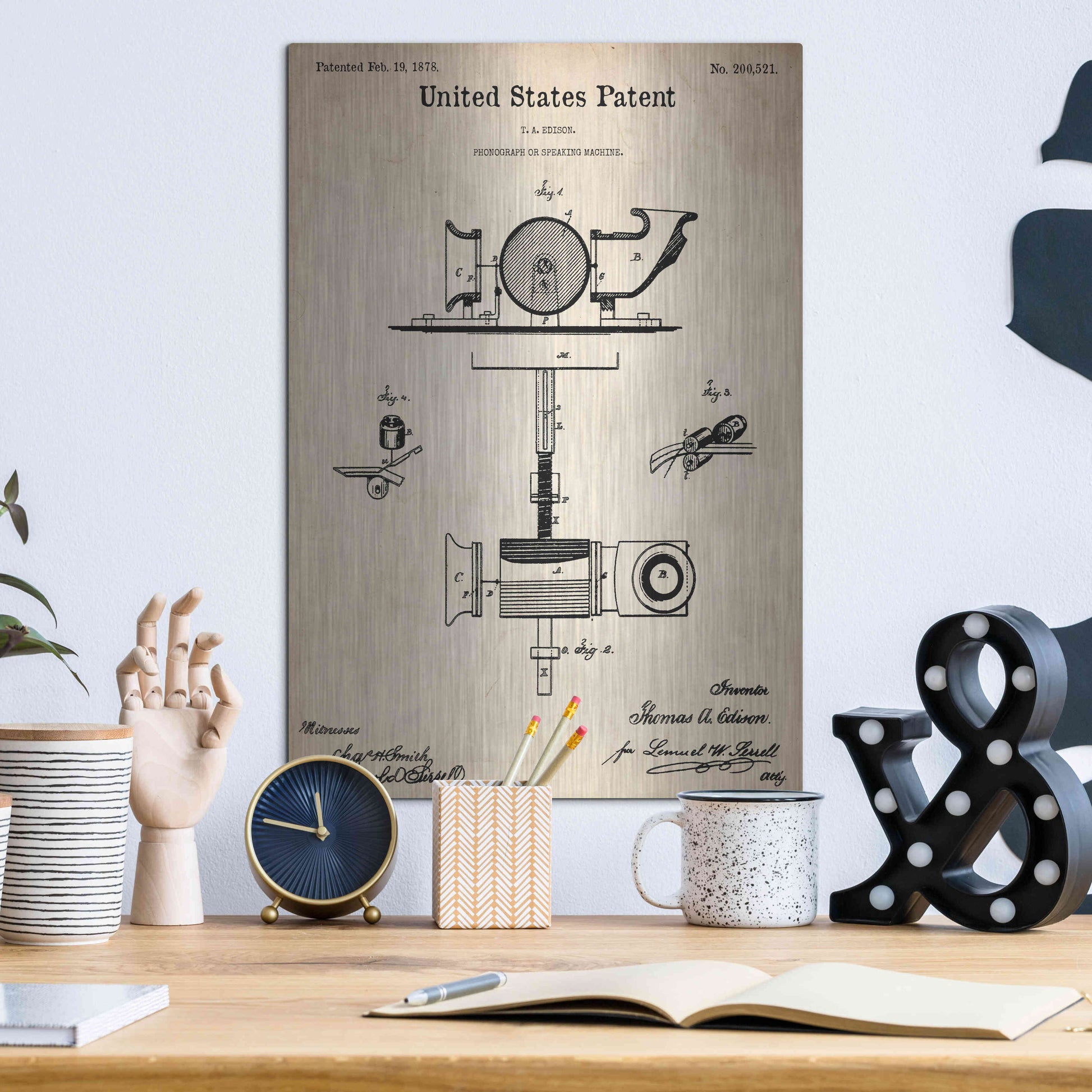 Luxe Metal Art 'Phonograph Blueprint Patent Parchment,' Metal Wall Art,12x16