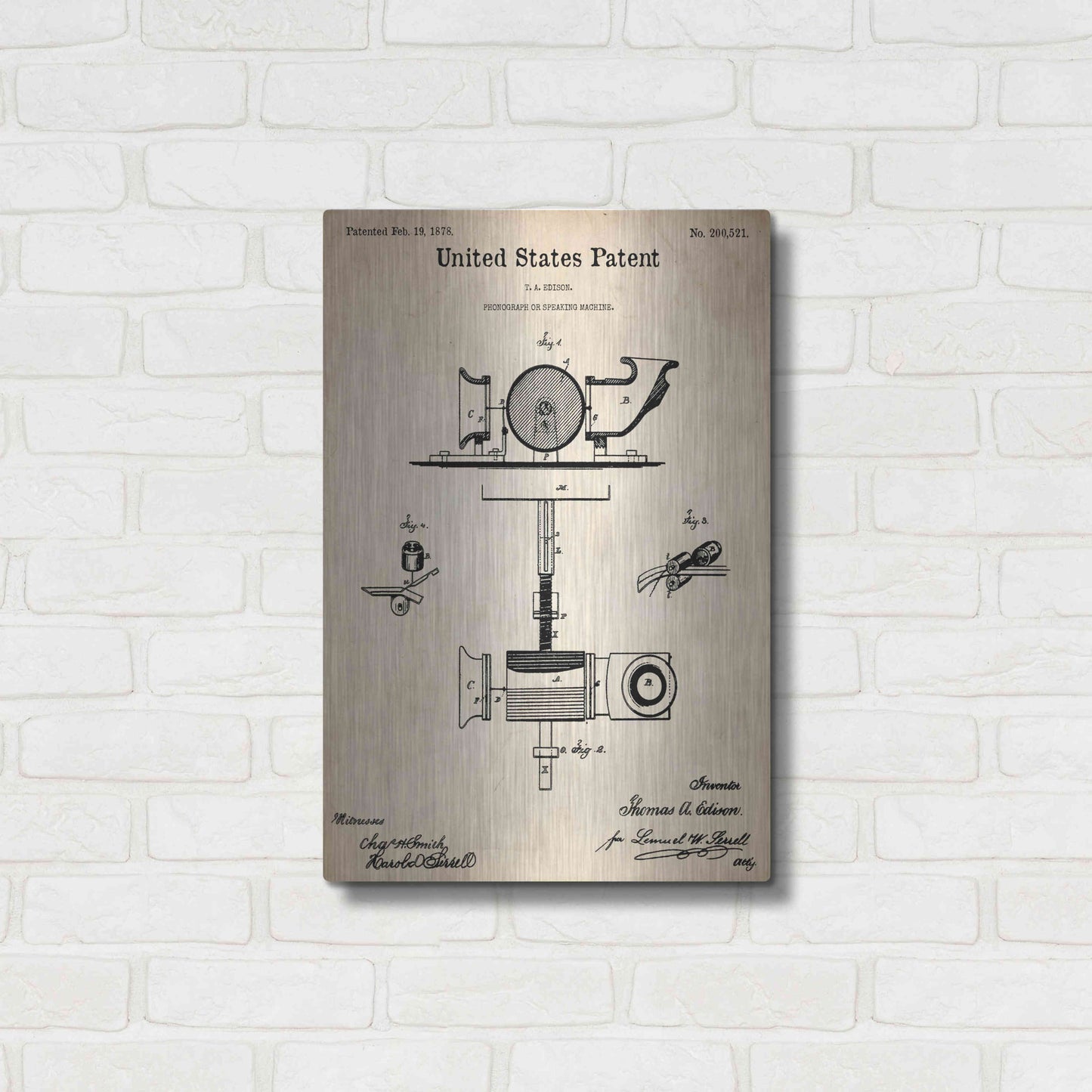 Luxe Metal Art 'Phonograph Blueprint Patent Parchment,' Metal Wall Art,16x24