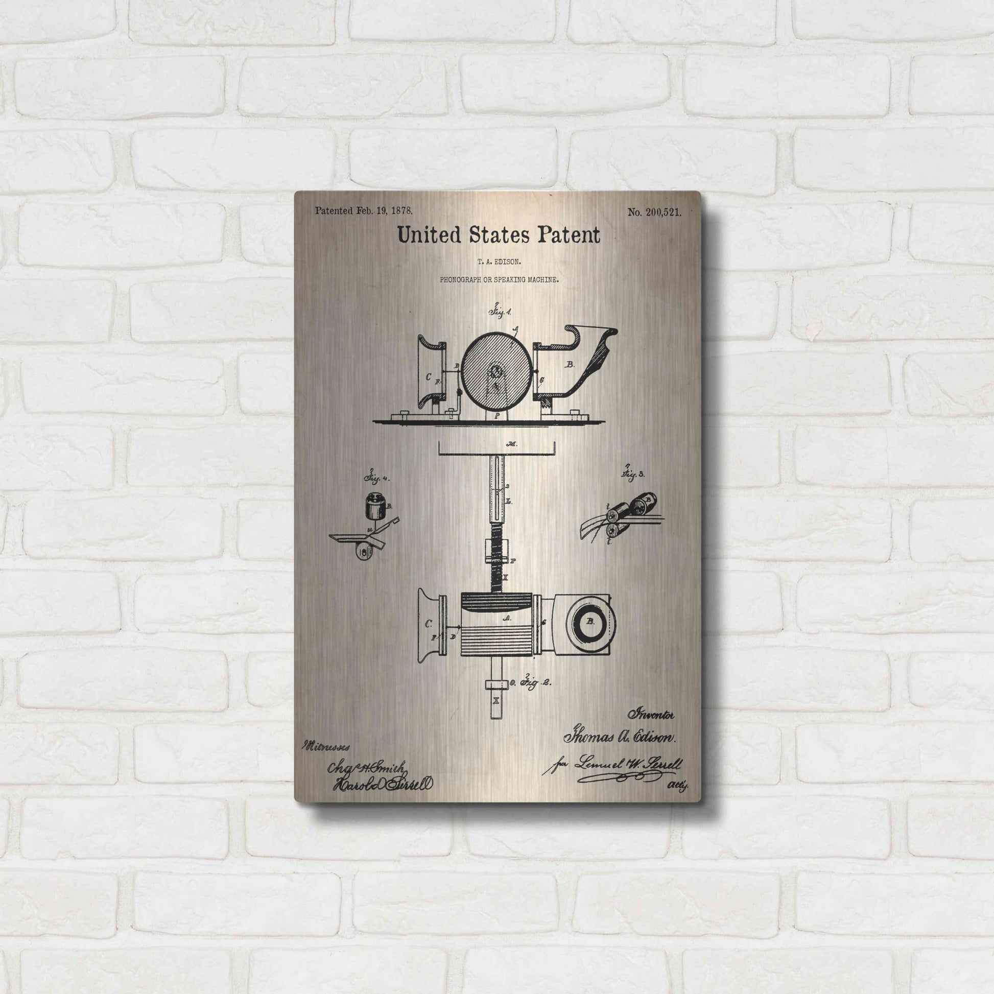 Luxe Metal Art 'Phonograph Blueprint Patent Parchment,' Metal Wall Art,16x24