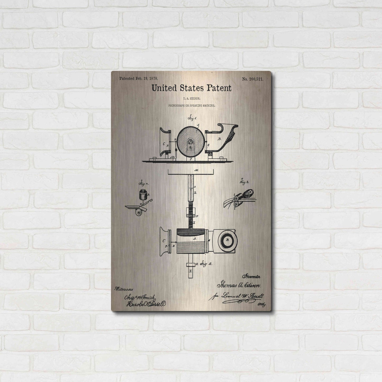 Luxe Metal Art 'Phonograph Blueprint Patent Parchment,' Metal Wall Art,24x36