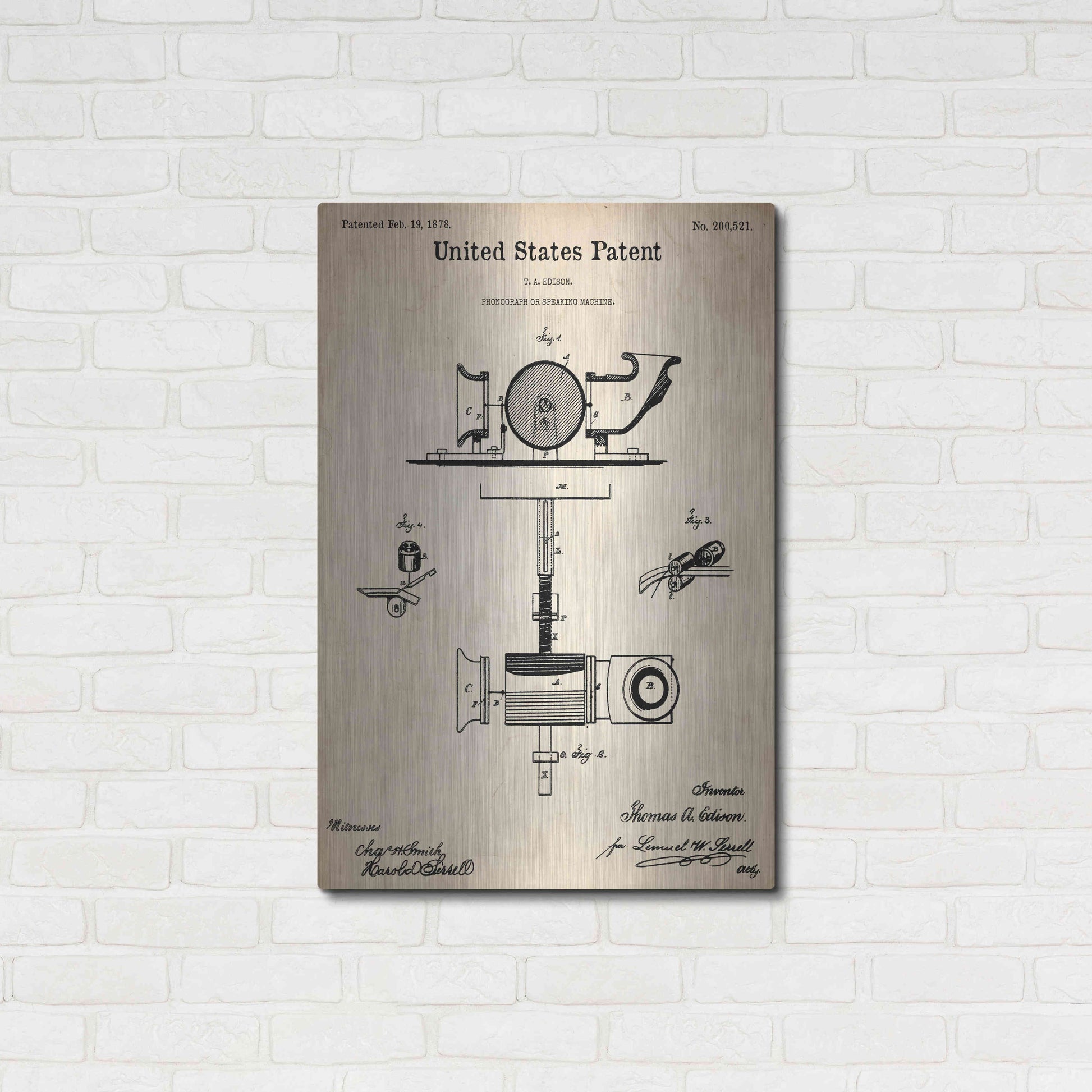 Luxe Metal Art 'Phonograph Blueprint Patent Parchment,' Metal Wall Art,24x36
