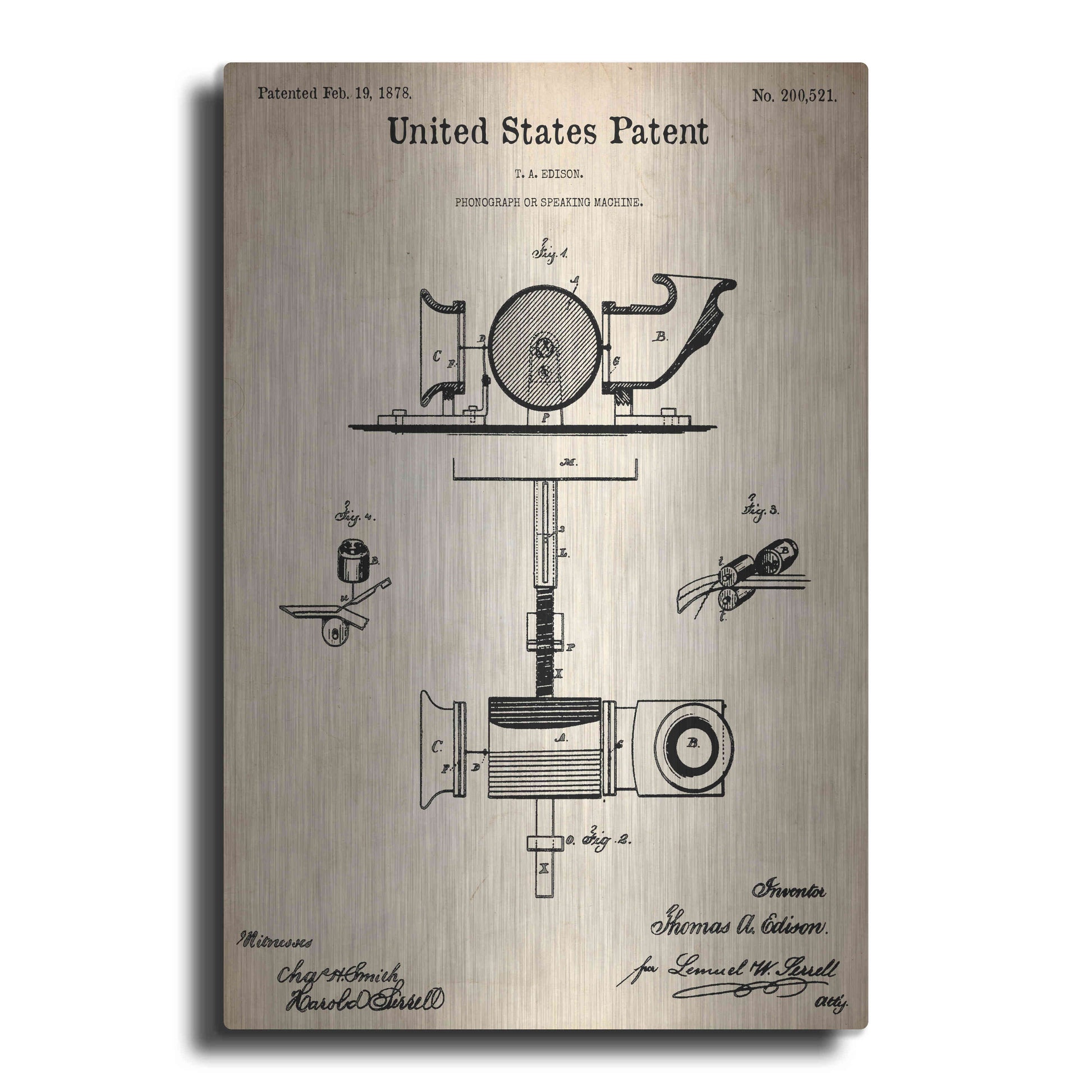 Luxe Metal Art 'Phonograph Blueprint Patent Parchment,' Metal Wall Art