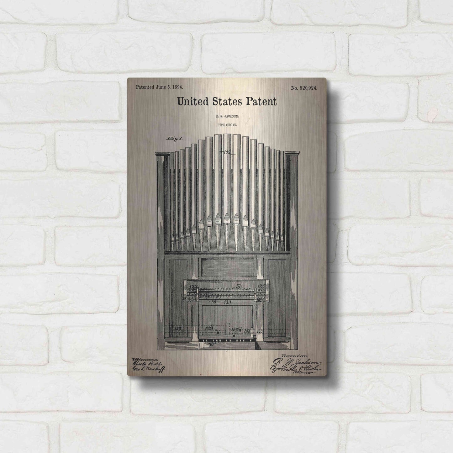 Luxe Metal Art 'Pipe Organ Blueprint Patent Parchment,' Metal Wall Art,12x16