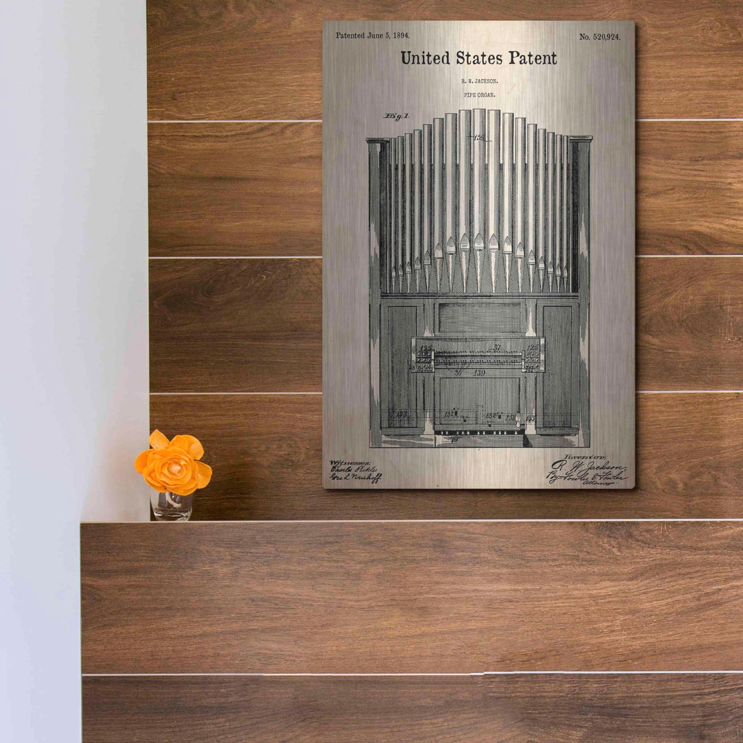 Luxe Metal Art 'Pipe Organ Blueprint Patent Parchment,' Metal Wall Art,12x16