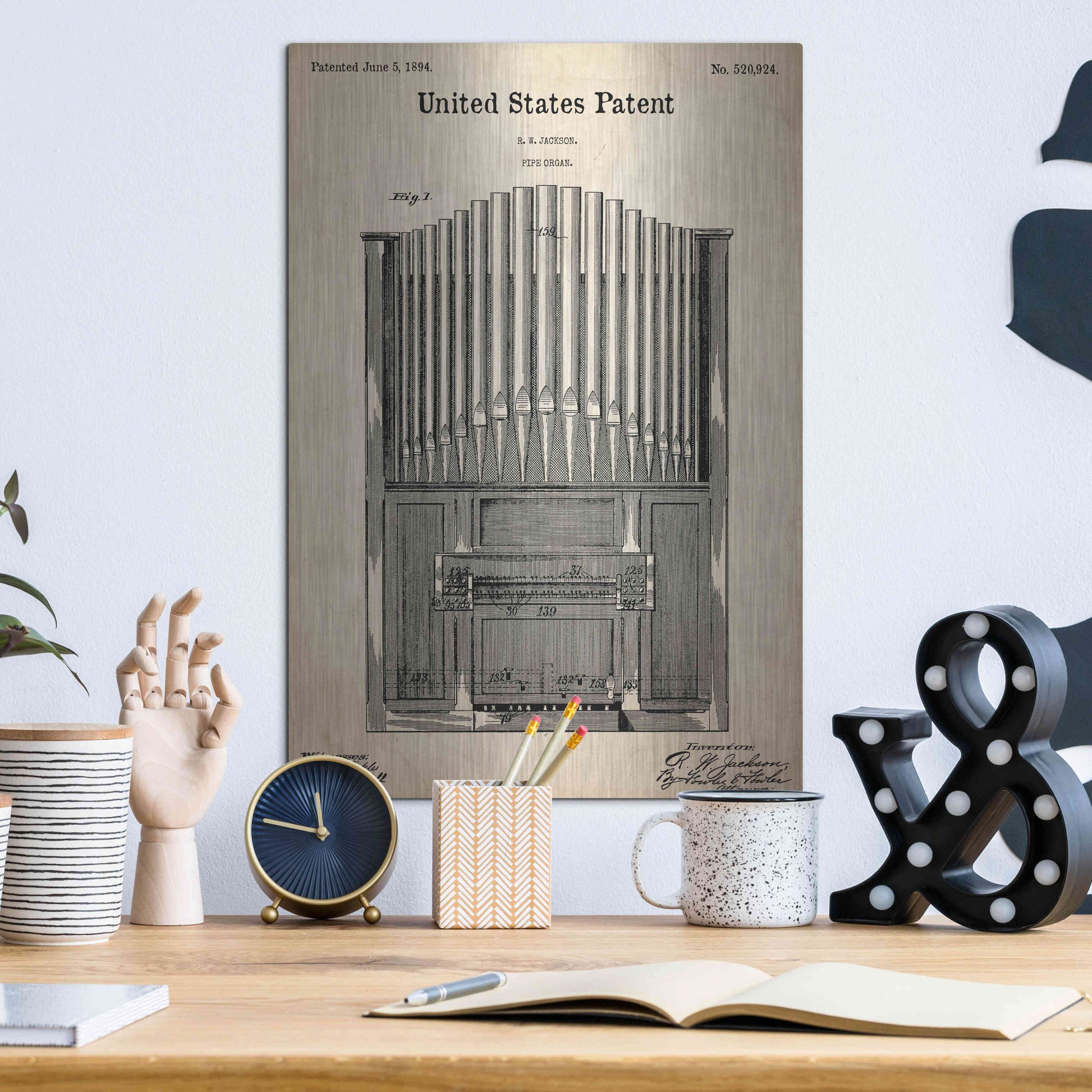 Luxe Metal Art 'Pipe Organ Blueprint Patent Parchment,' Metal Wall Art,12x16