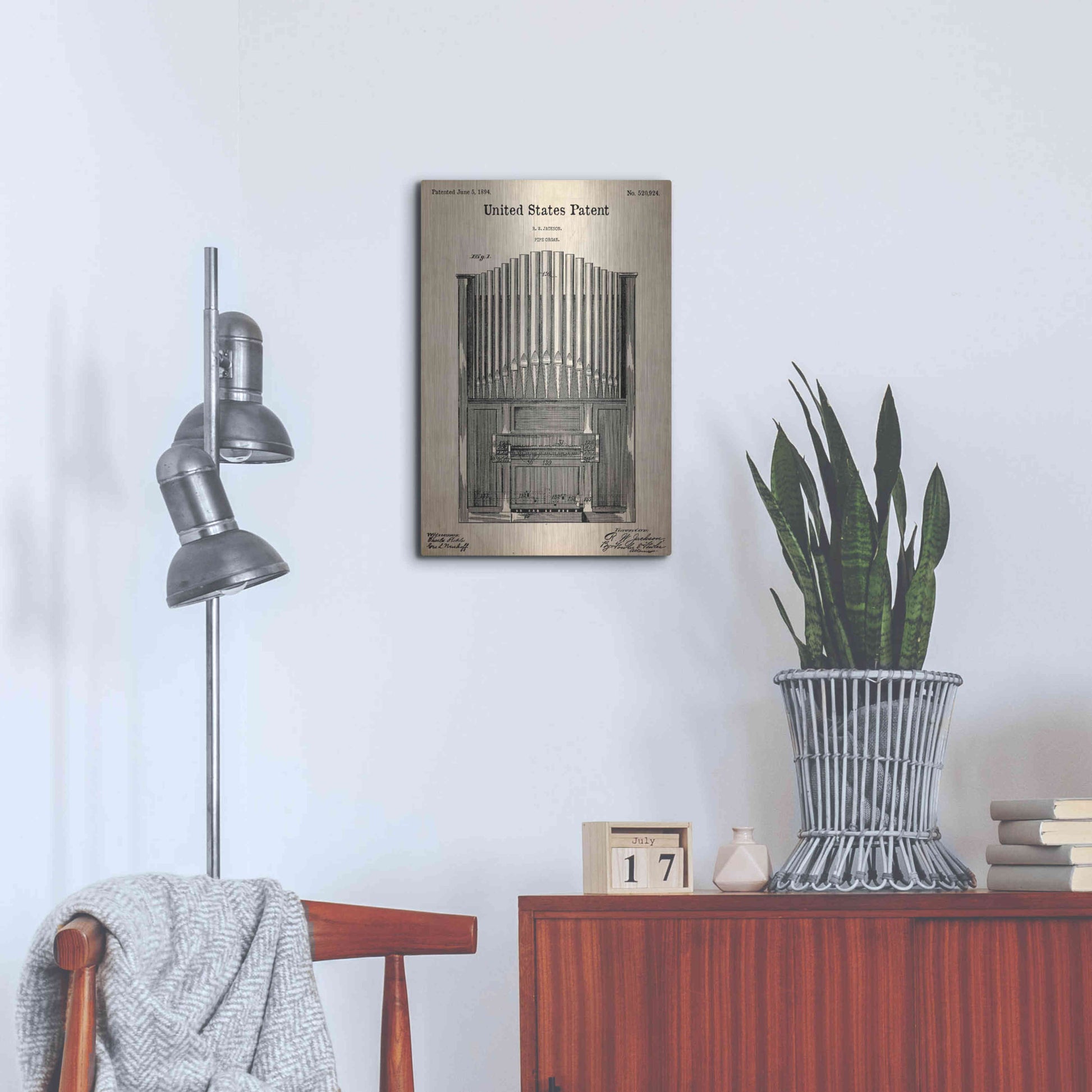 Luxe Metal Art 'Pipe Organ Blueprint Patent Parchment,' Metal Wall Art,16x24