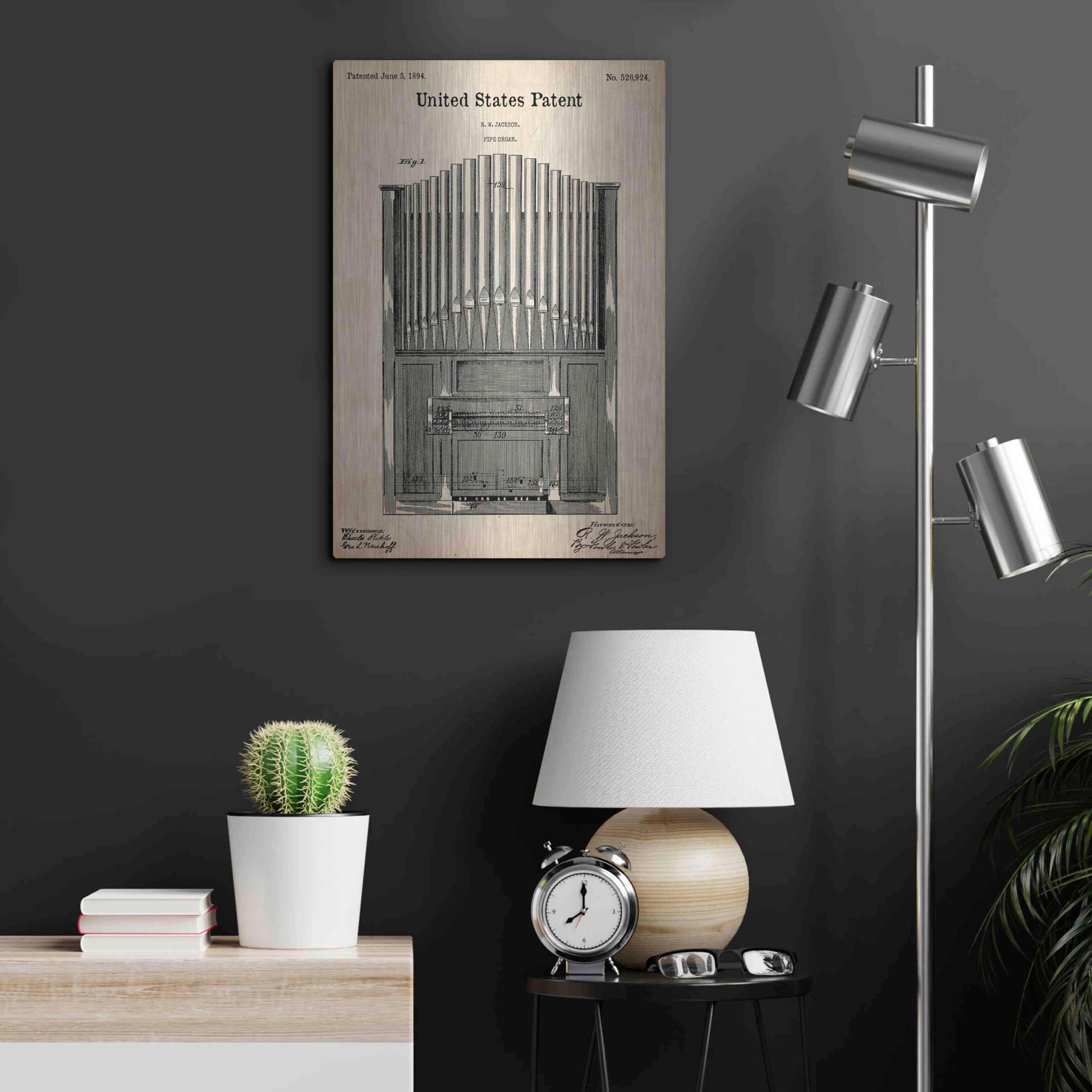 Luxe Metal Art 'Pipe Organ Blueprint Patent Parchment,' Metal Wall Art,16x24