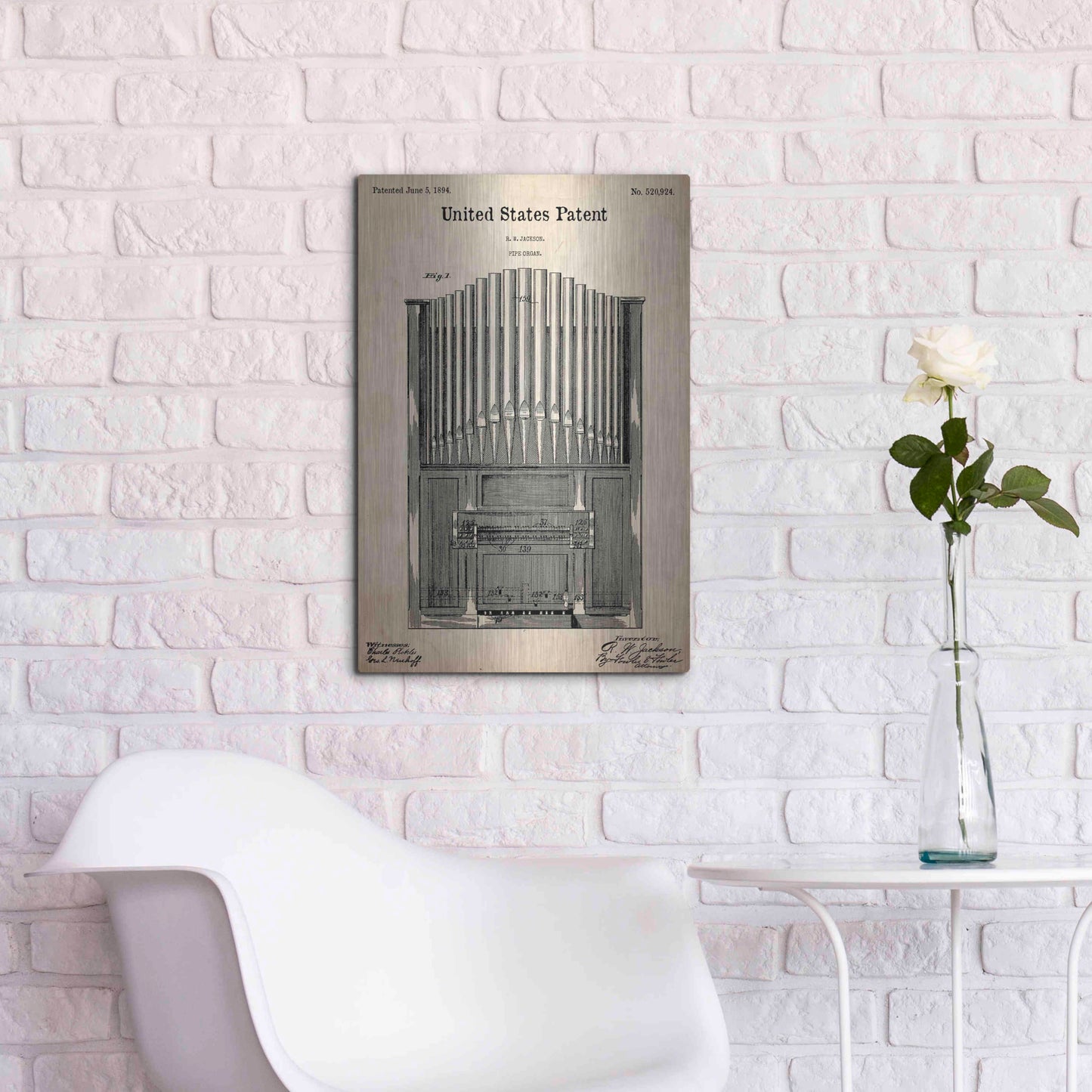 Luxe Metal Art 'Pipe Organ Blueprint Patent Parchment,' Metal Wall Art,16x24