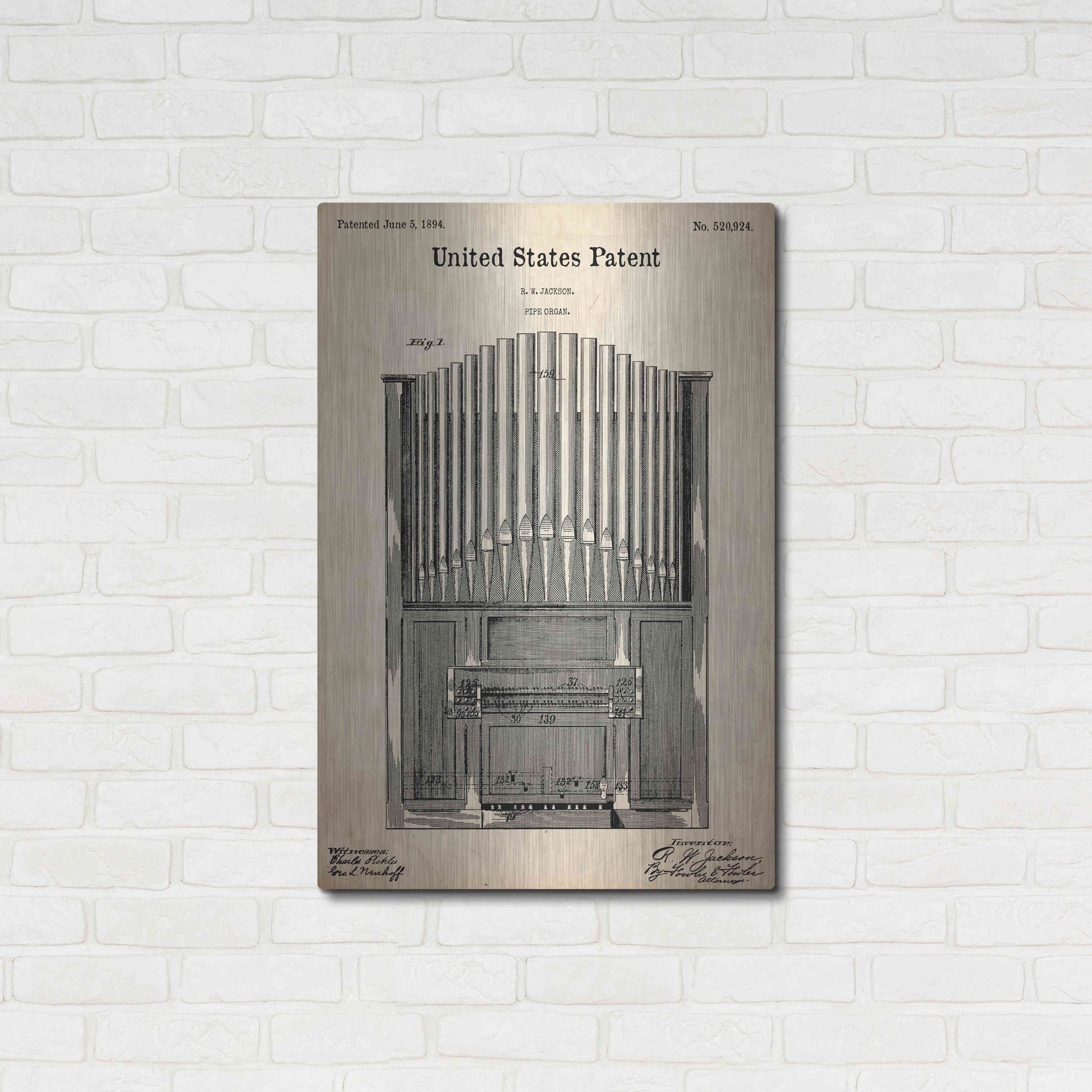 Luxe Metal Art 'Pipe Organ Blueprint Patent Parchment,' Metal Wall Art,24x36