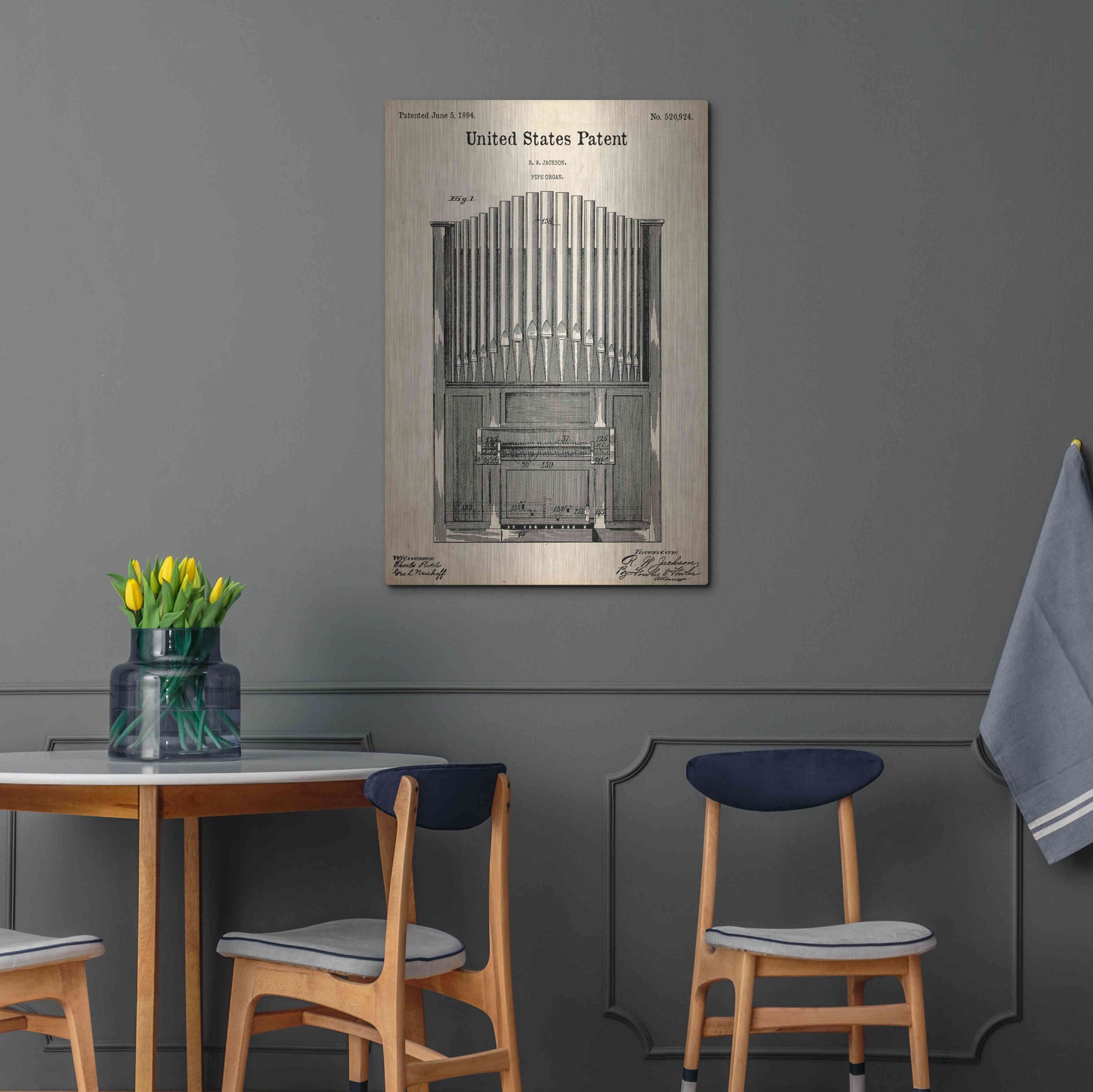 Luxe Metal Art 'Pipe Organ Blueprint Patent Parchment,' Metal Wall Art,24x36