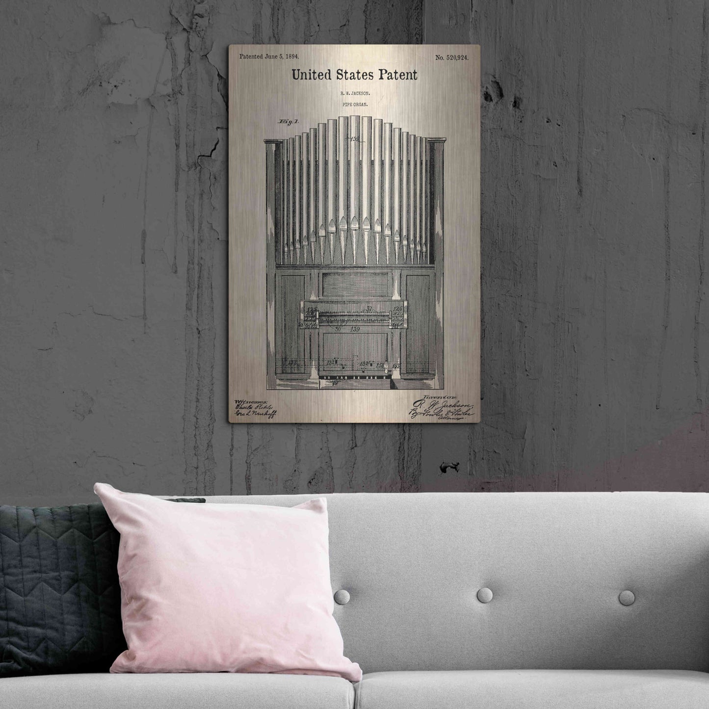 Luxe Metal Art 'Pipe Organ Blueprint Patent Parchment,' Metal Wall Art,24x36