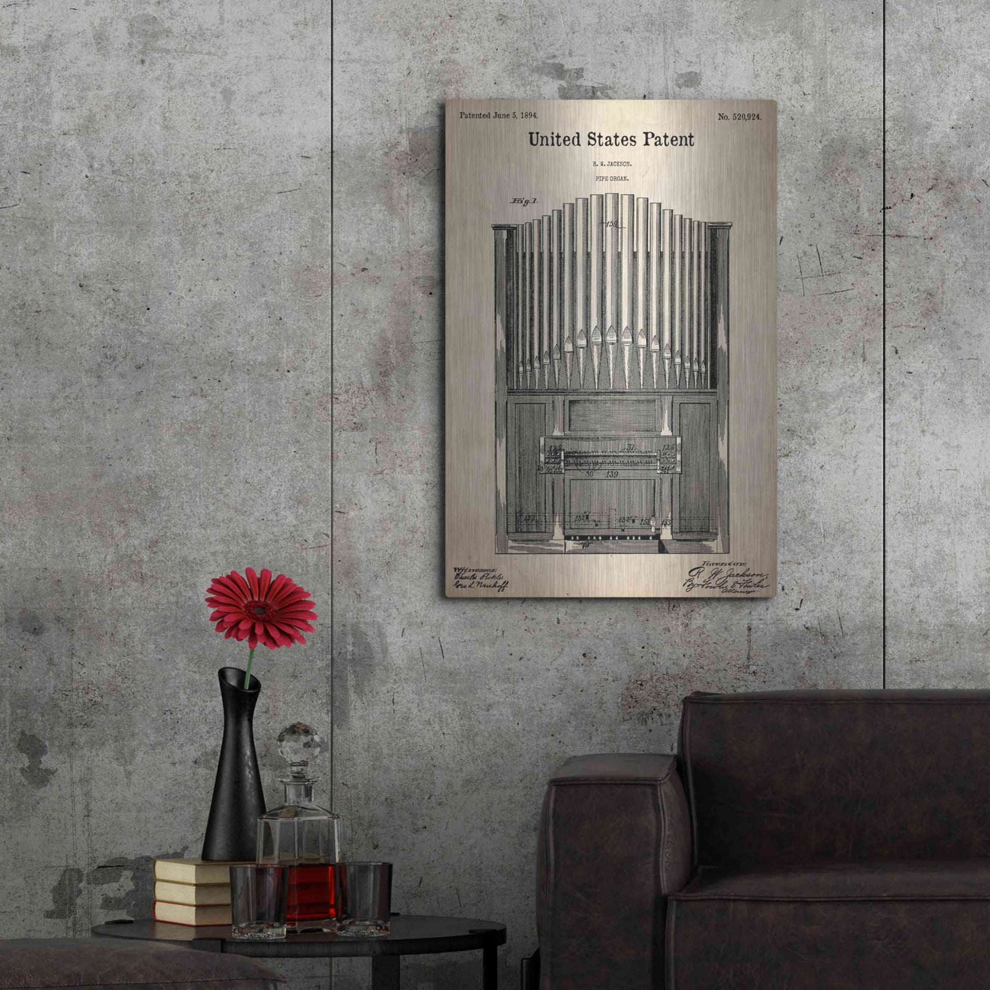 Luxe Metal Art 'Pipe Organ Blueprint Patent Parchment,' Metal Wall Art,24x36