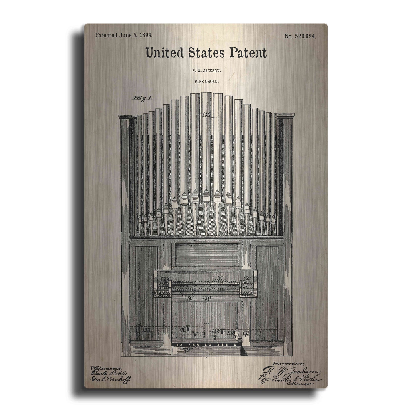 Luxe Metal Art 'Pipe Organ Blueprint Patent Parchment,' Metal Wall Art