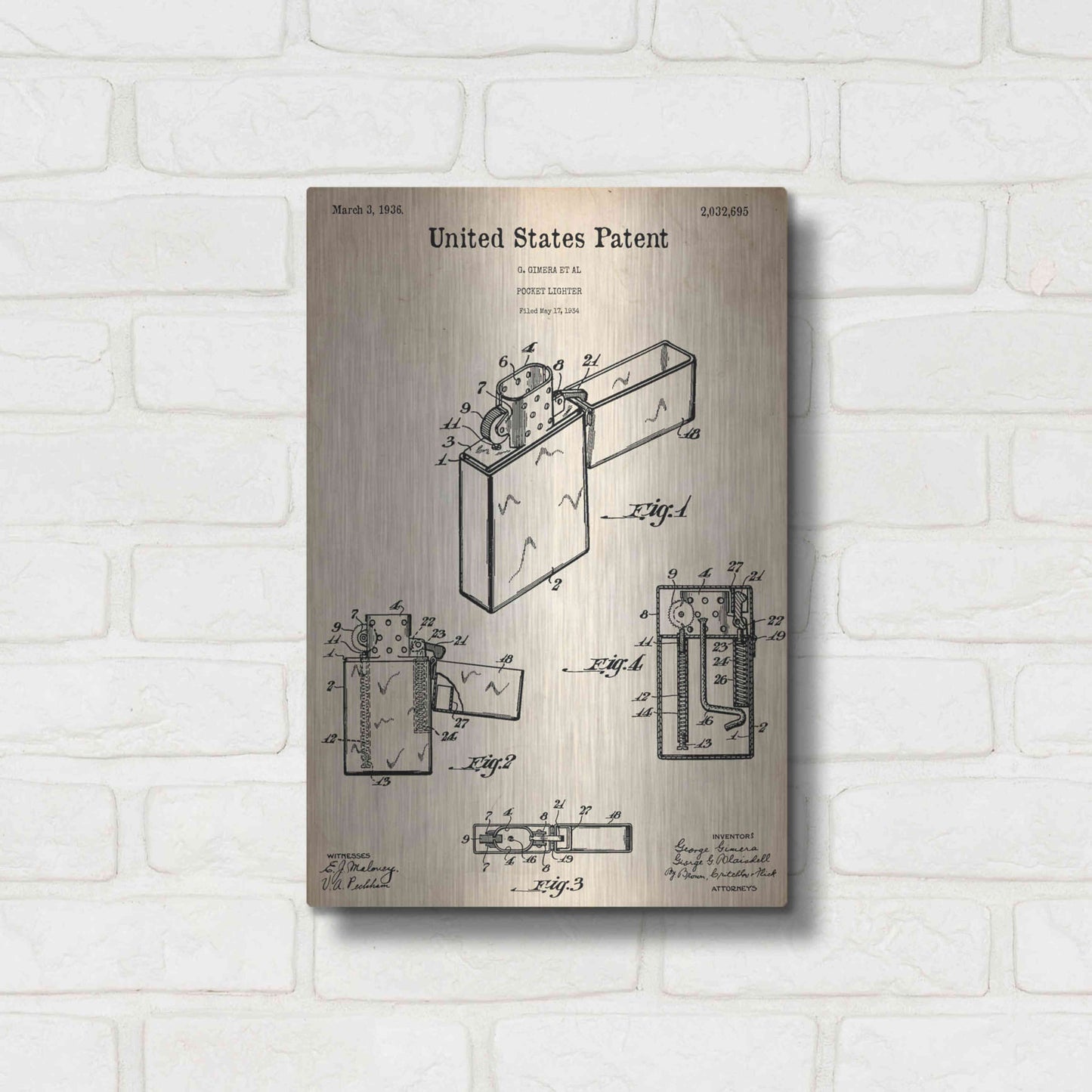 Luxe Metal Art 'Pocket Lighter Blueprint Patent Parchment,' Metal Wall Art,12x16