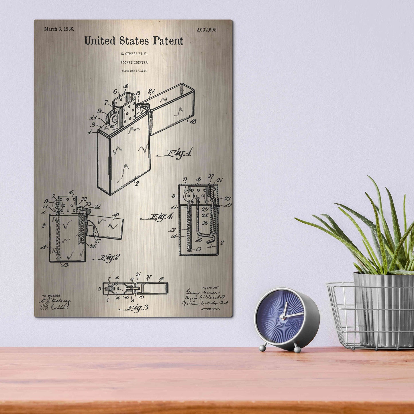 Luxe Metal Art 'Pocket Lighter Blueprint Patent Parchment,' Metal Wall Art,12x16