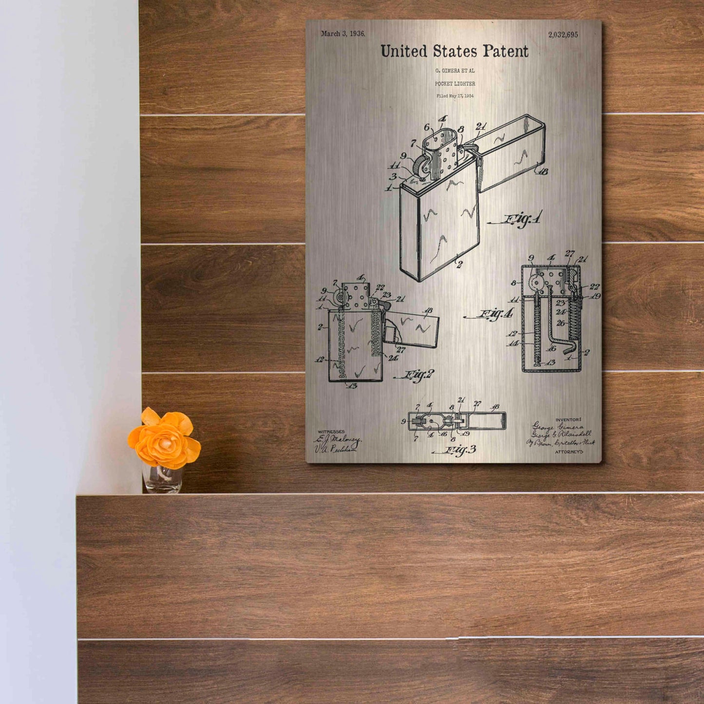 Luxe Metal Art 'Pocket Lighter Blueprint Patent Parchment,' Metal Wall Art,12x16