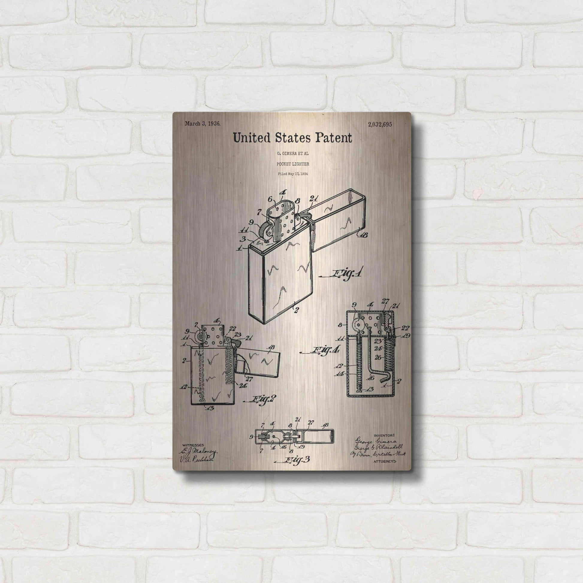 Luxe Metal Art 'Pocket Lighter Blueprint Patent Parchment,' Metal Wall Art,16x24