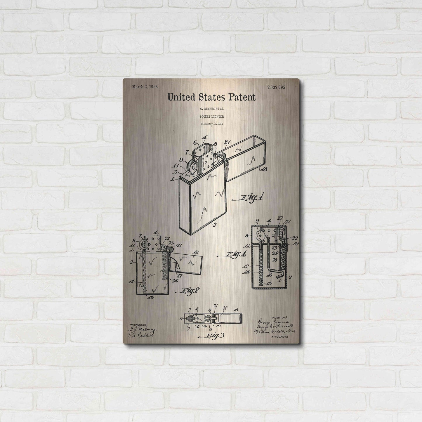 Luxe Metal Art 'Pocket Lighter Blueprint Patent Parchment,' Metal Wall Art,24x36