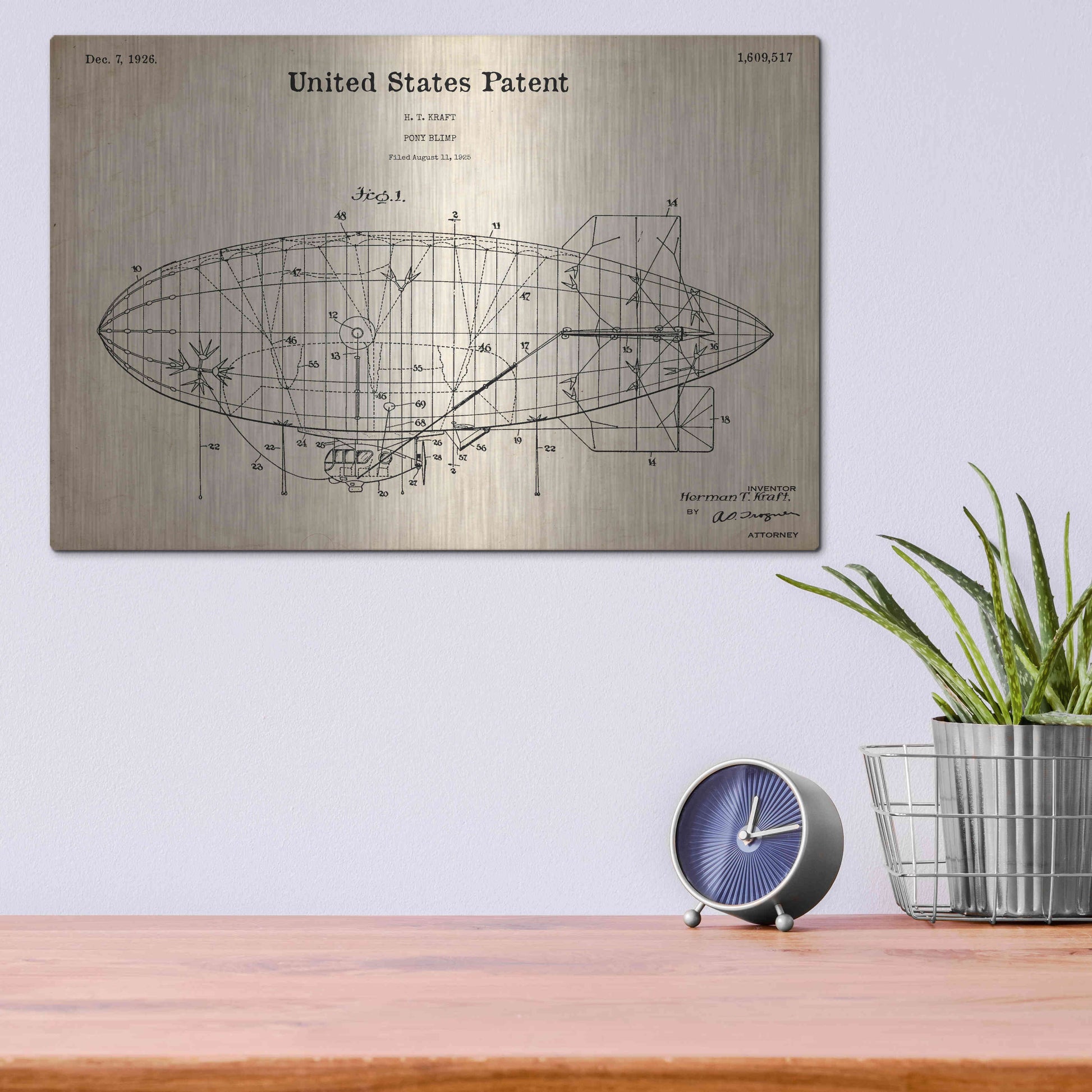 Luxe Metal Art 'Pony Blimp Blueprint Patent Parchment,' Metal Wall Art,16x12