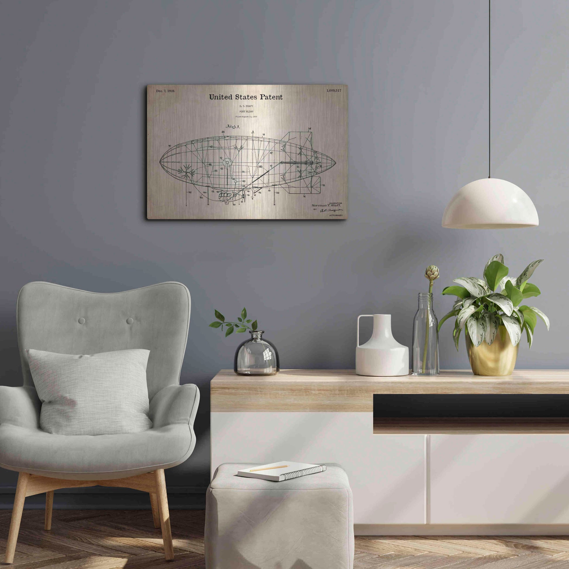 Luxe Metal Art 'Pony Blimp Blueprint Patent Parchment,' Metal Wall Art,24x16