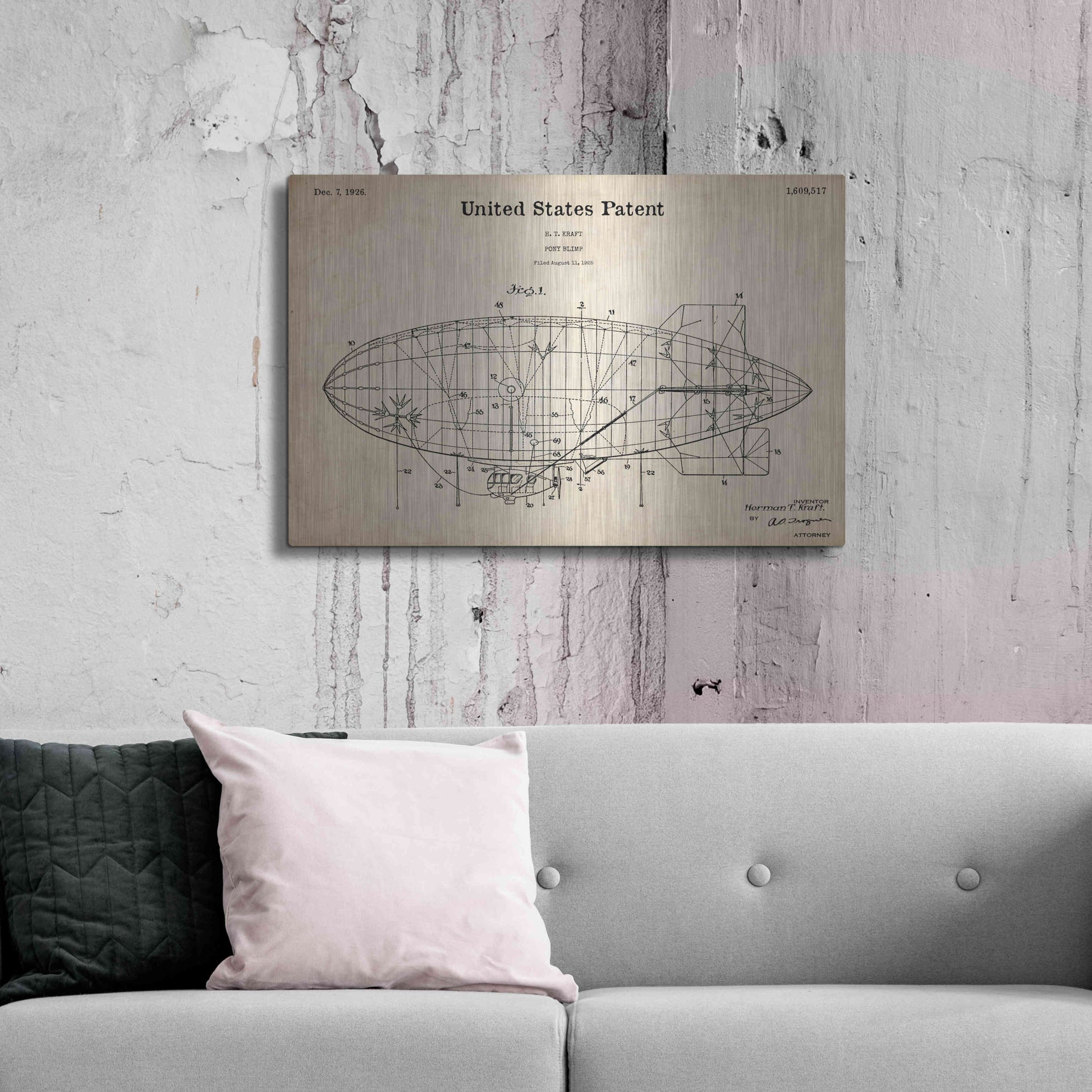 Luxe Metal Art 'Pony Blimp Blueprint Patent Parchment,' Metal Wall Art,36x24