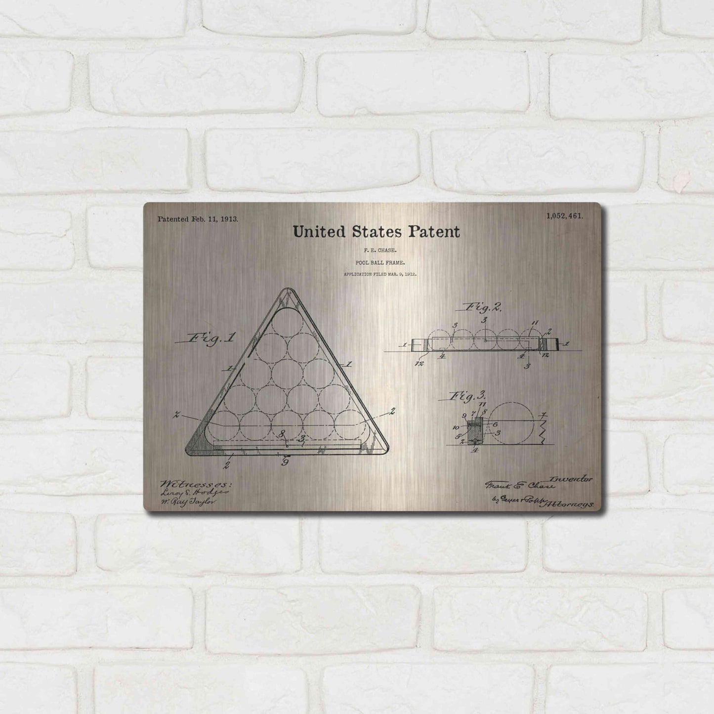 Luxe Metal Art 'Pool Ball Frame Blueprint Patent Parchment,' Metal Wall Art,16x12