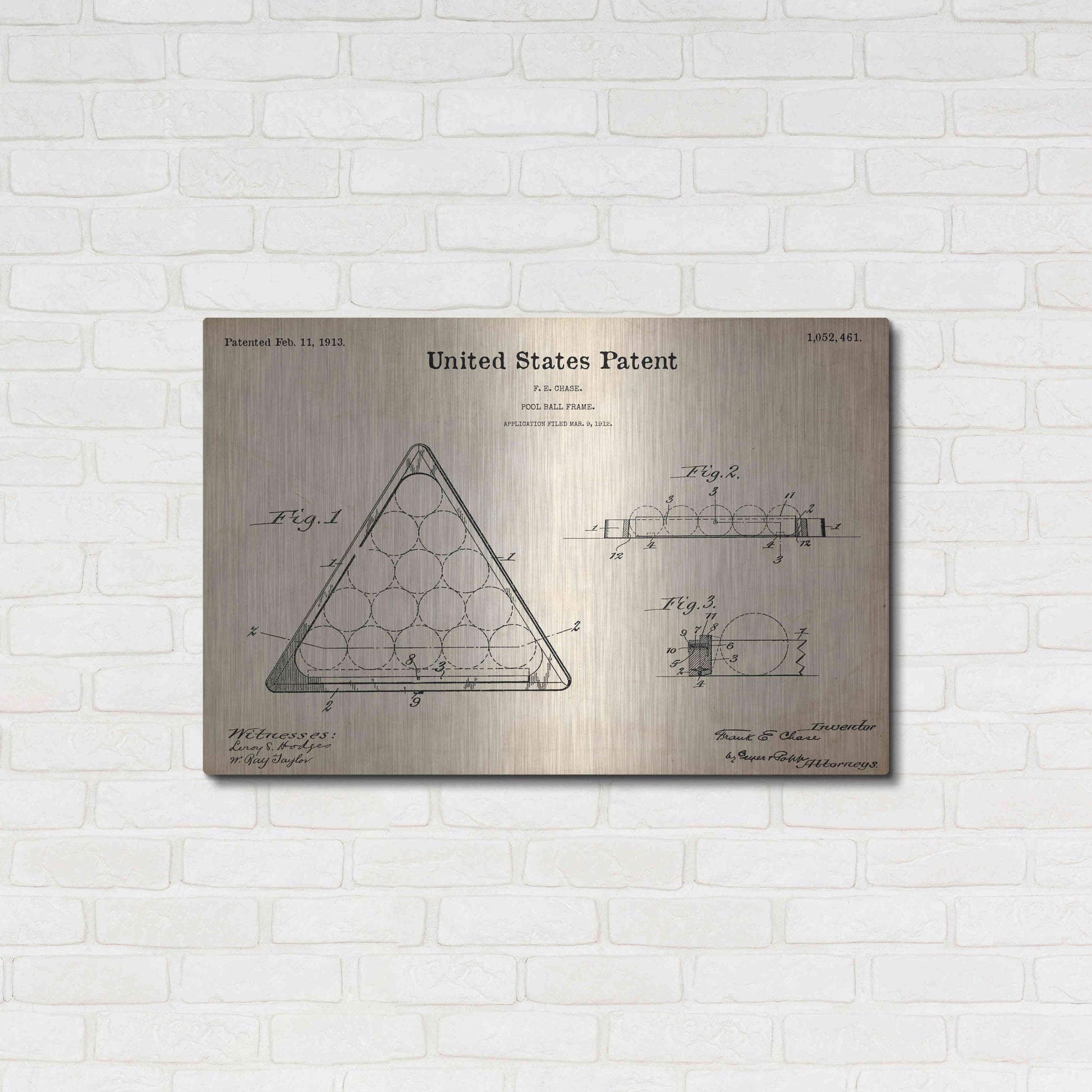 Luxe Metal Art 'Pool Ball Frame Blueprint Patent Parchment,' Metal Wall Art,36x24