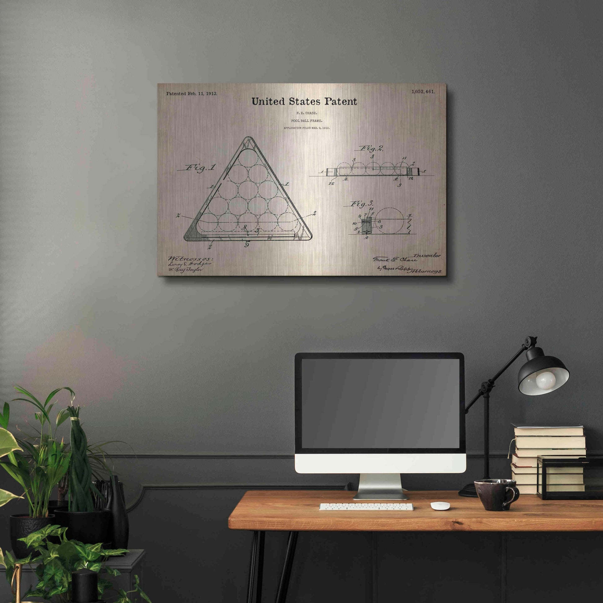 Luxe Metal Art 'Pool Ball Frame Blueprint Patent Parchment,' Metal Wall Art,36x24