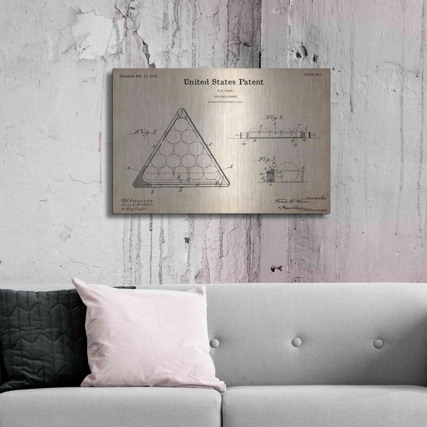 Luxe Metal Art 'Pool Ball Frame Blueprint Patent Parchment,' Metal Wall Art,36x24