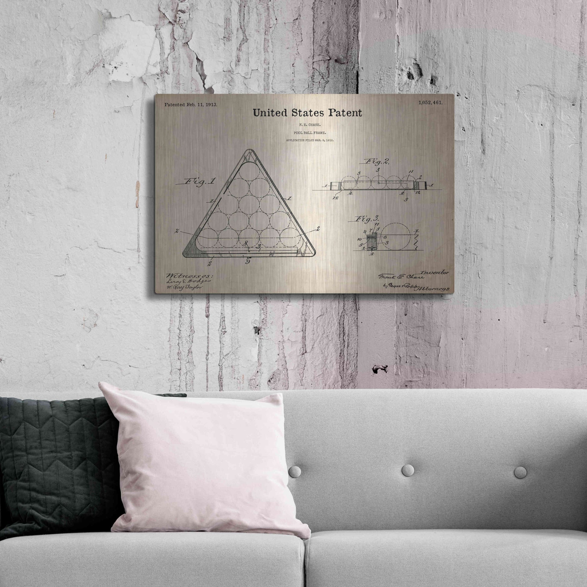 Luxe Metal Art 'Pool Ball Frame Blueprint Patent Parchment,' Metal Wall Art,36x24