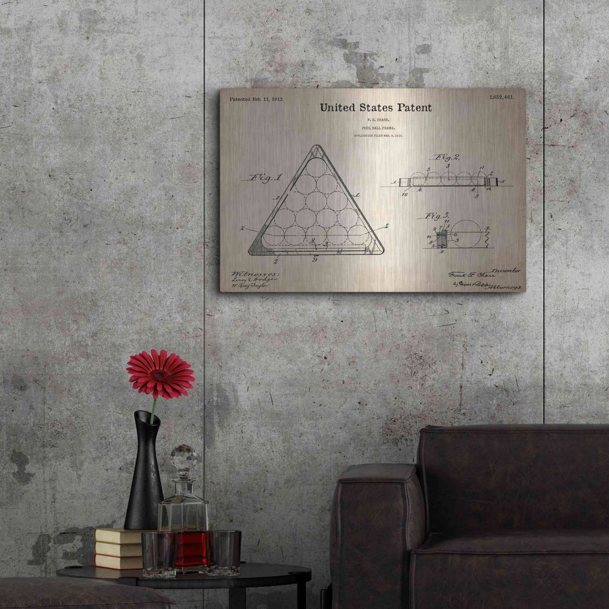 Luxe Metal Art 'Pool Ball Frame Blueprint Patent Parchment,' Metal Wall Art,36x24