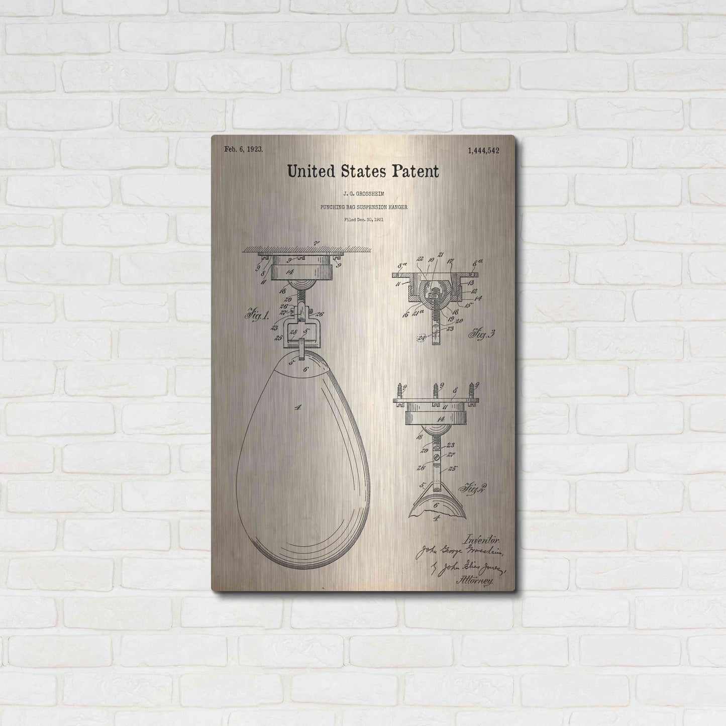 Luxe Metal Art 'Boxing Bag Blueprint Patent Parchment,' Metal Wall Art,24x36