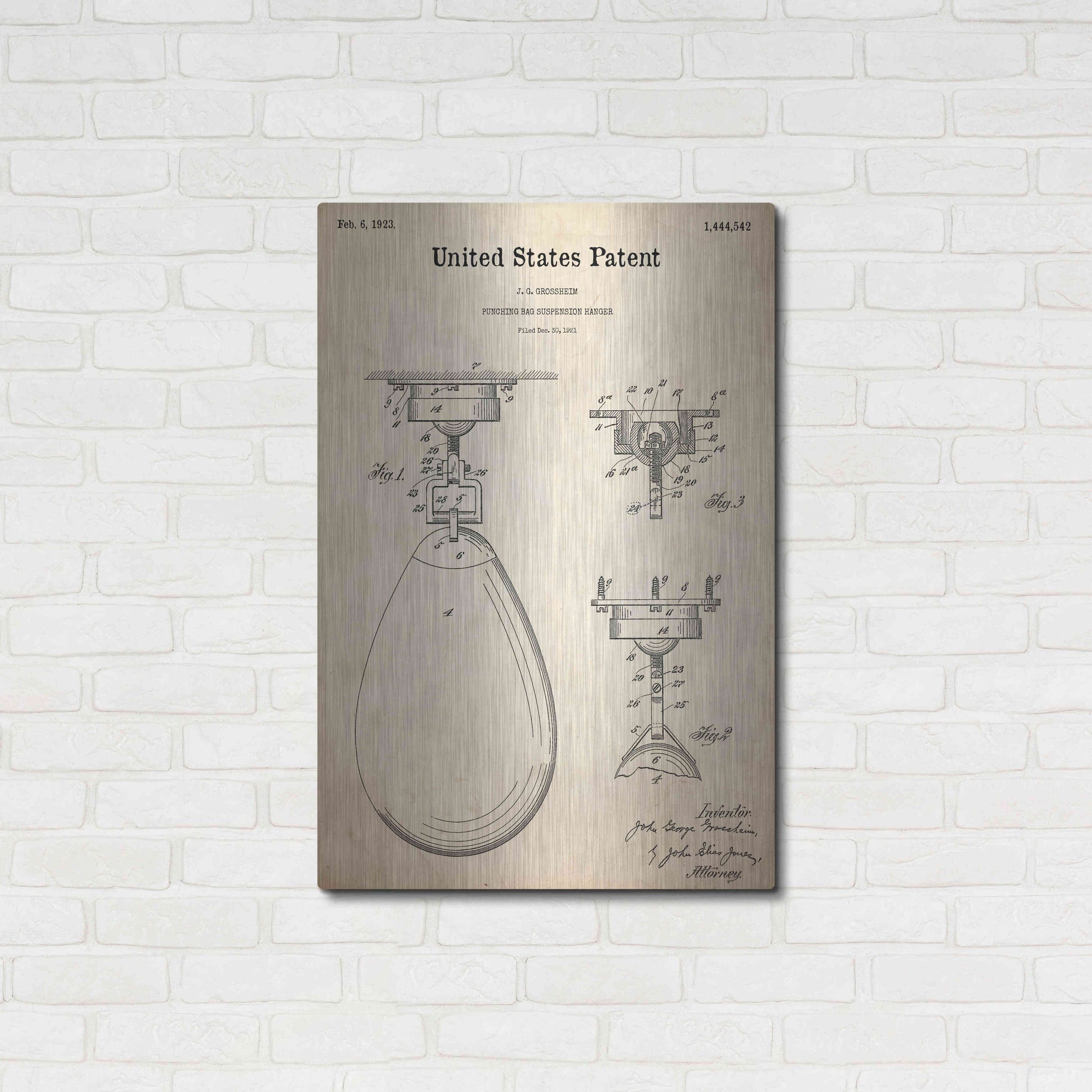 Luxe Metal Art 'Boxing Bag Blueprint Patent Parchment,' Metal Wall Art,24x36