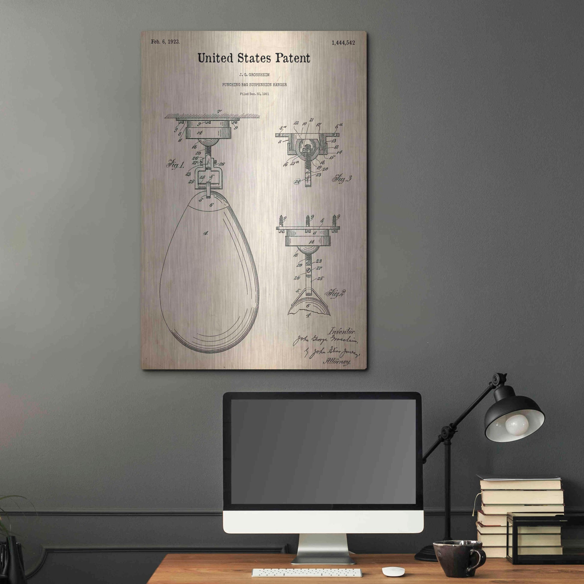 Luxe Metal Art 'Boxing Bag Blueprint Patent Parchment,' Metal Wall Art,24x36