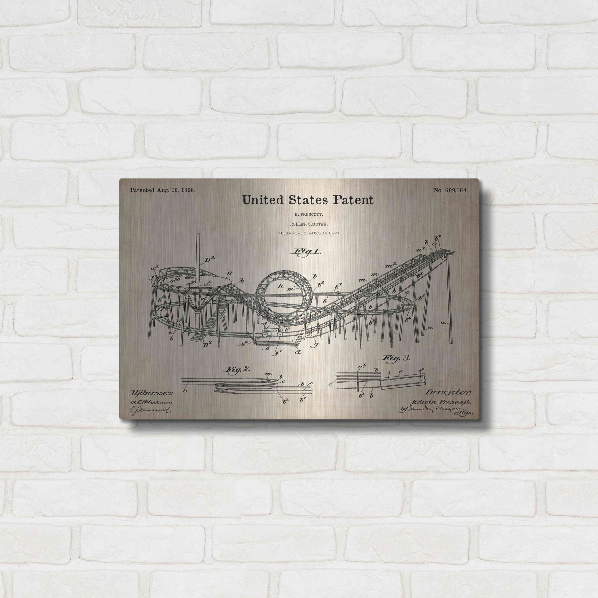 Luxe Metal Art 'Roller Coaster Blueprint Patent Parchment,' Metal Wall Art,24x16