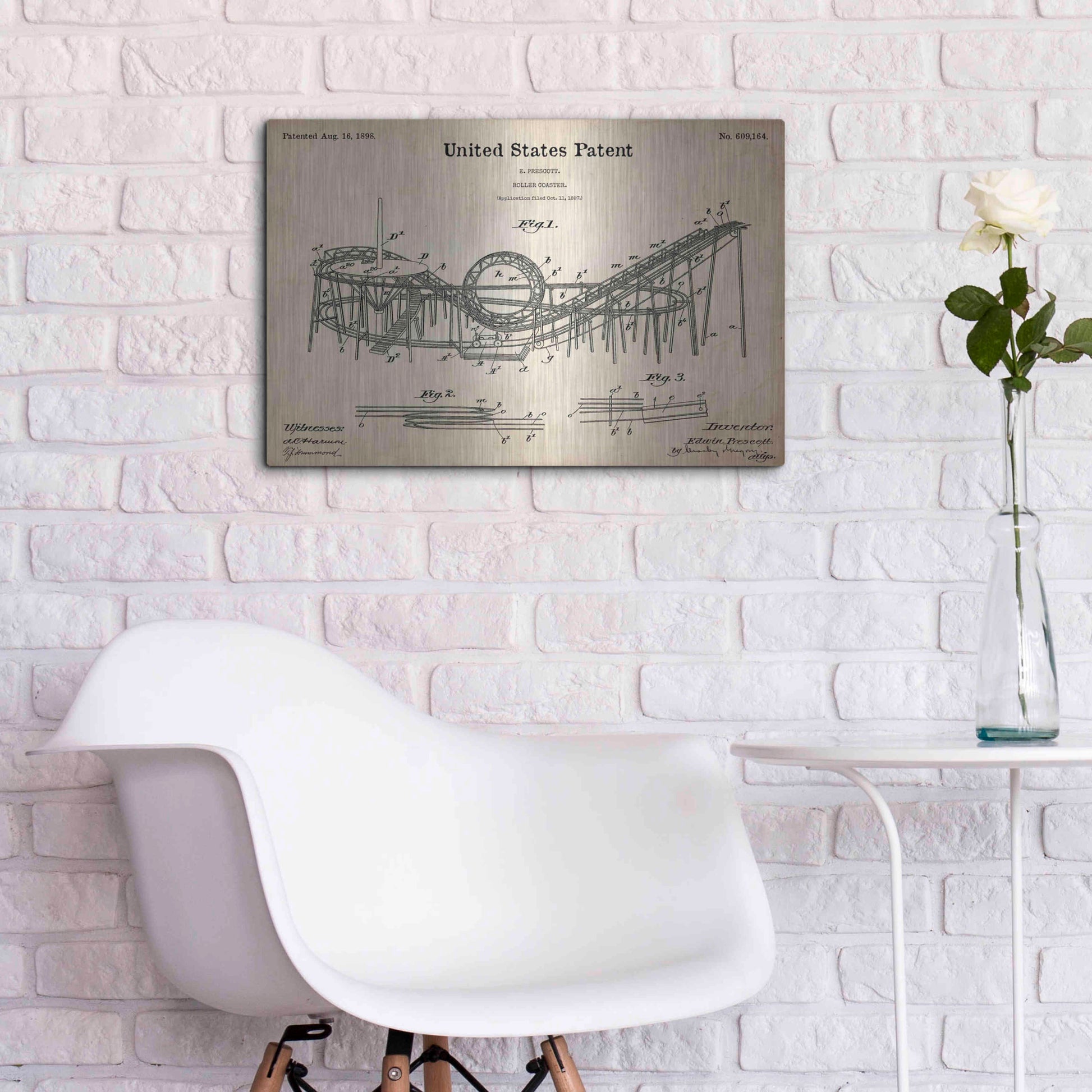 Luxe Metal Art 'Roller Coaster Blueprint Patent Parchment,' Metal Wall Art,24x16