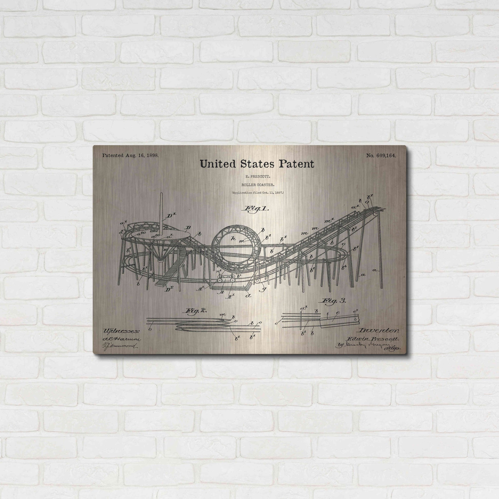 Luxe Metal Art 'Roller Coaster Blueprint Patent Parchment,' Metal Wall Art,36x24