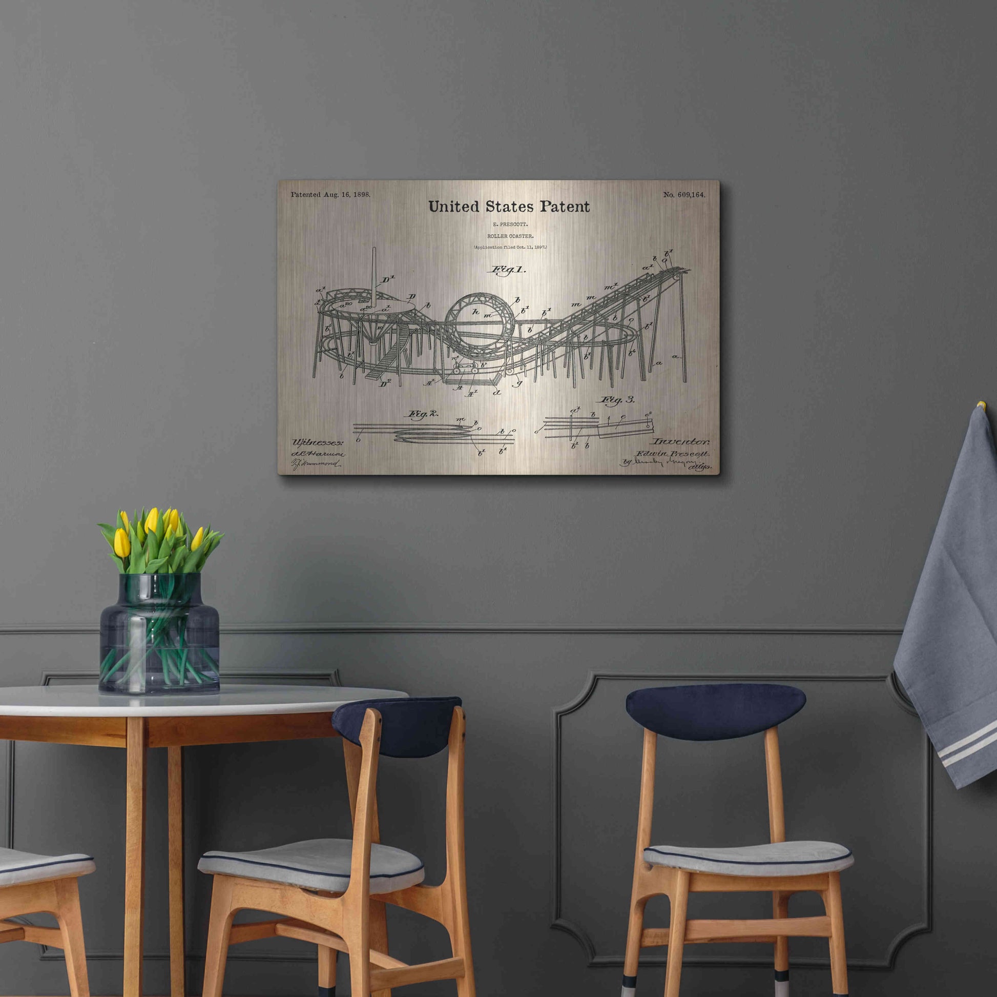 Luxe Metal Art 'Roller Coaster Blueprint Patent Parchment,' Metal Wall Art,36x24