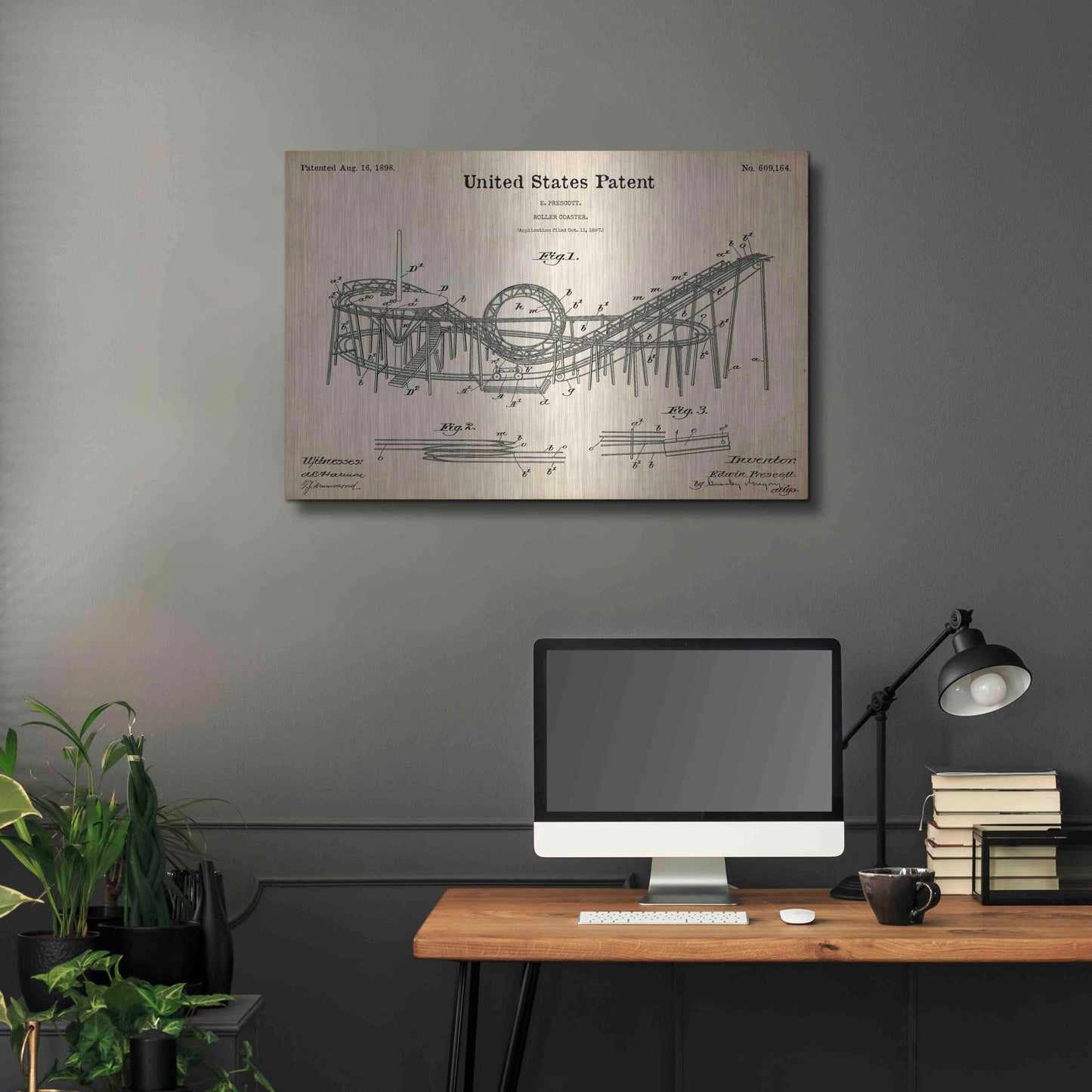 Luxe Metal Art 'Roller Coaster Blueprint Patent Parchment,' Metal Wall Art,36x24