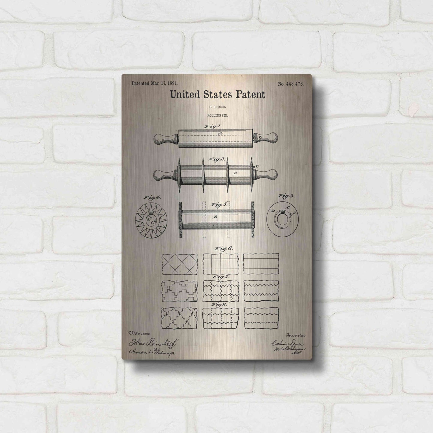 Luxe Metal Art 'Rolling Pin Blueprint Patent Parchment,' Metal Wall Art,12x16