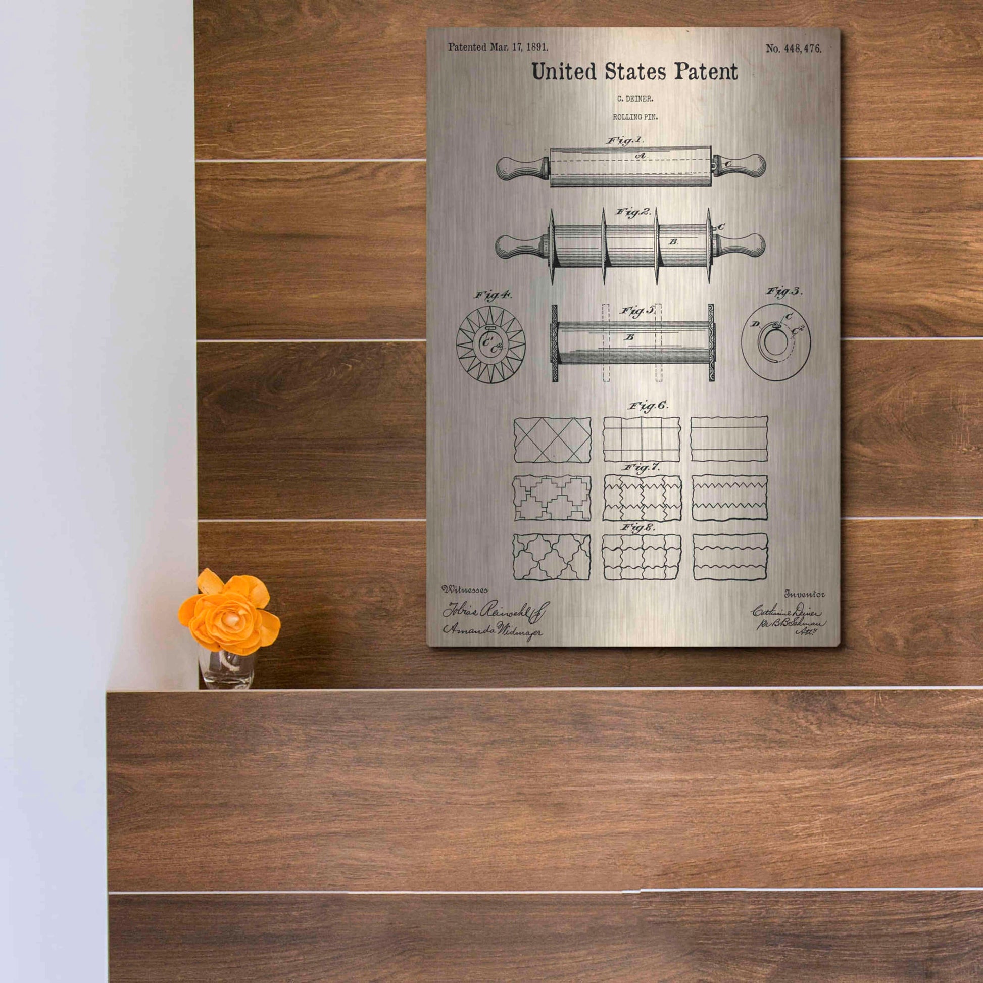 Luxe Metal Art 'Rolling Pin Blueprint Patent Parchment,' Metal Wall Art,12x16