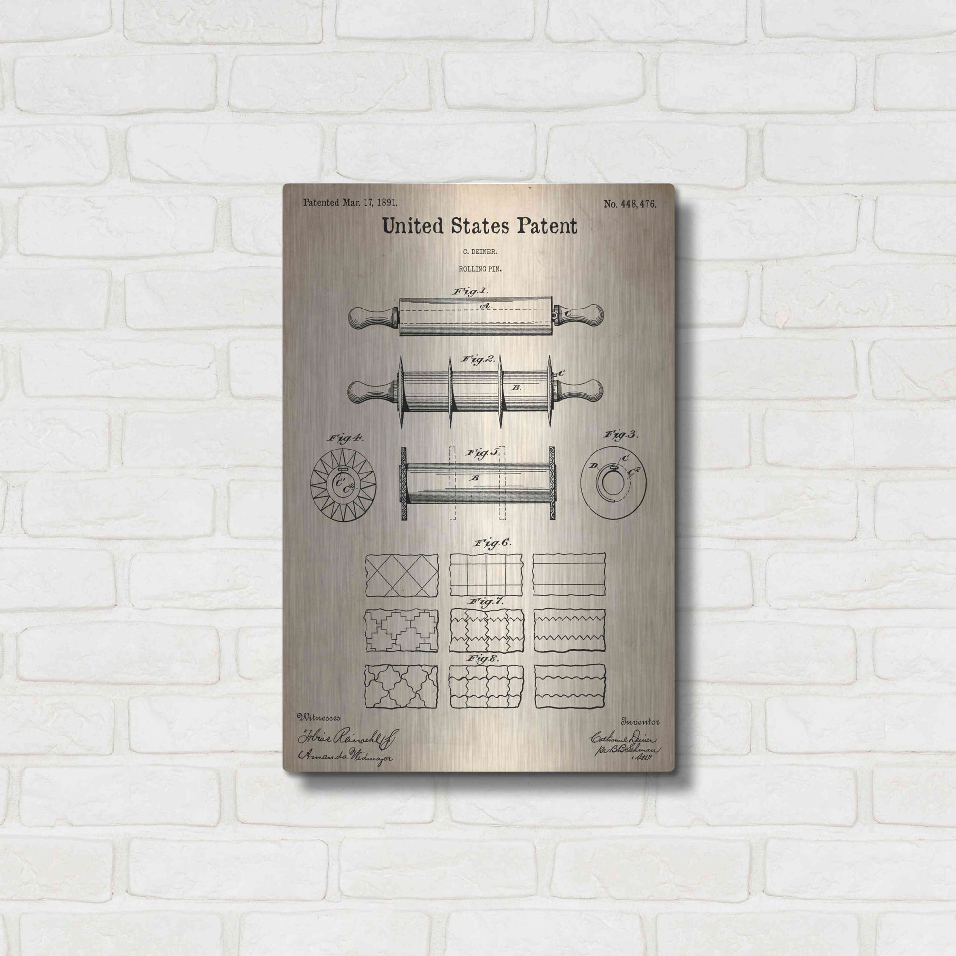 Luxe Metal Art 'Rolling Pin Blueprint Patent Parchment,' Metal Wall Art,16x24