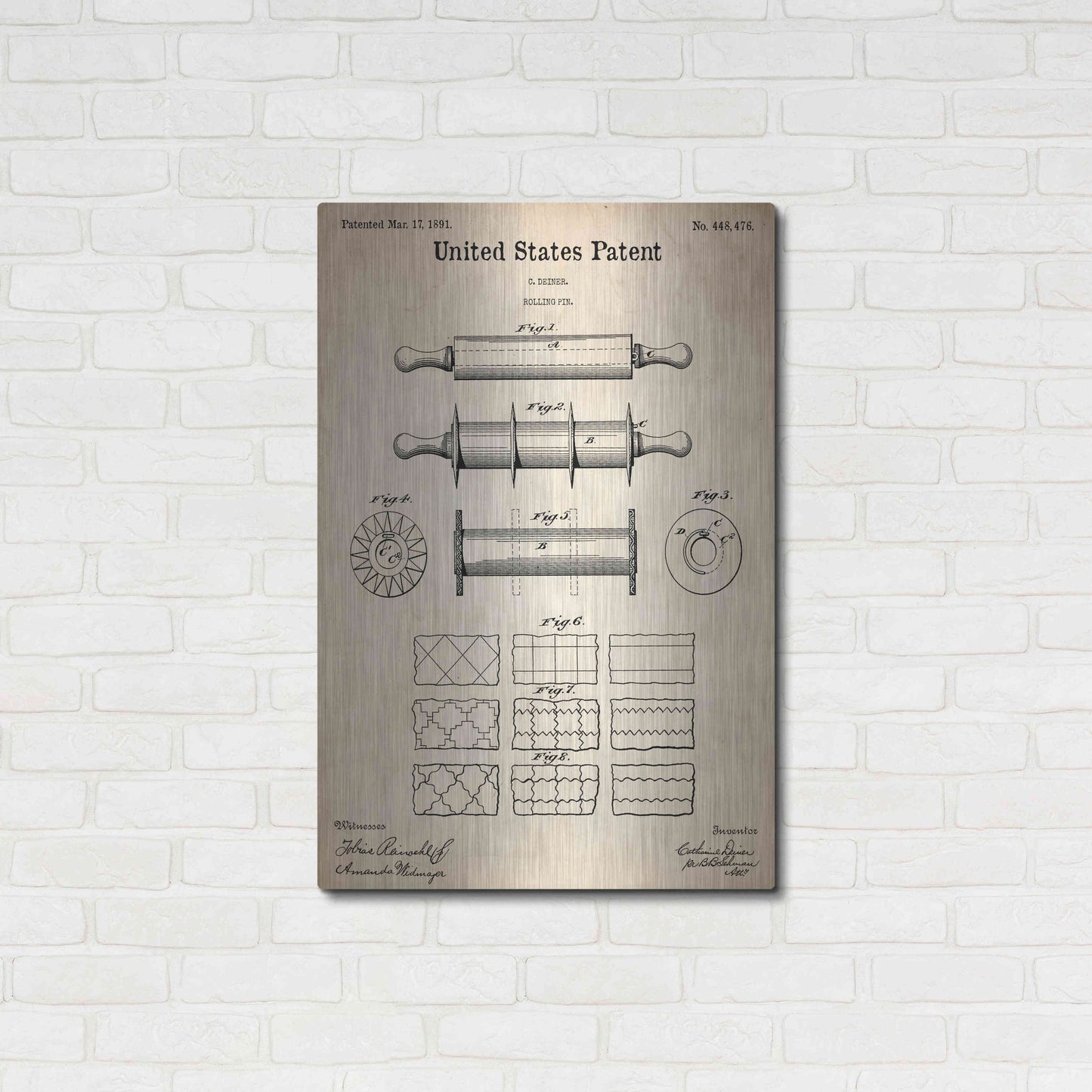 Luxe Metal Art 'Rolling Pin Blueprint Patent Parchment,' Metal Wall Art,24x36