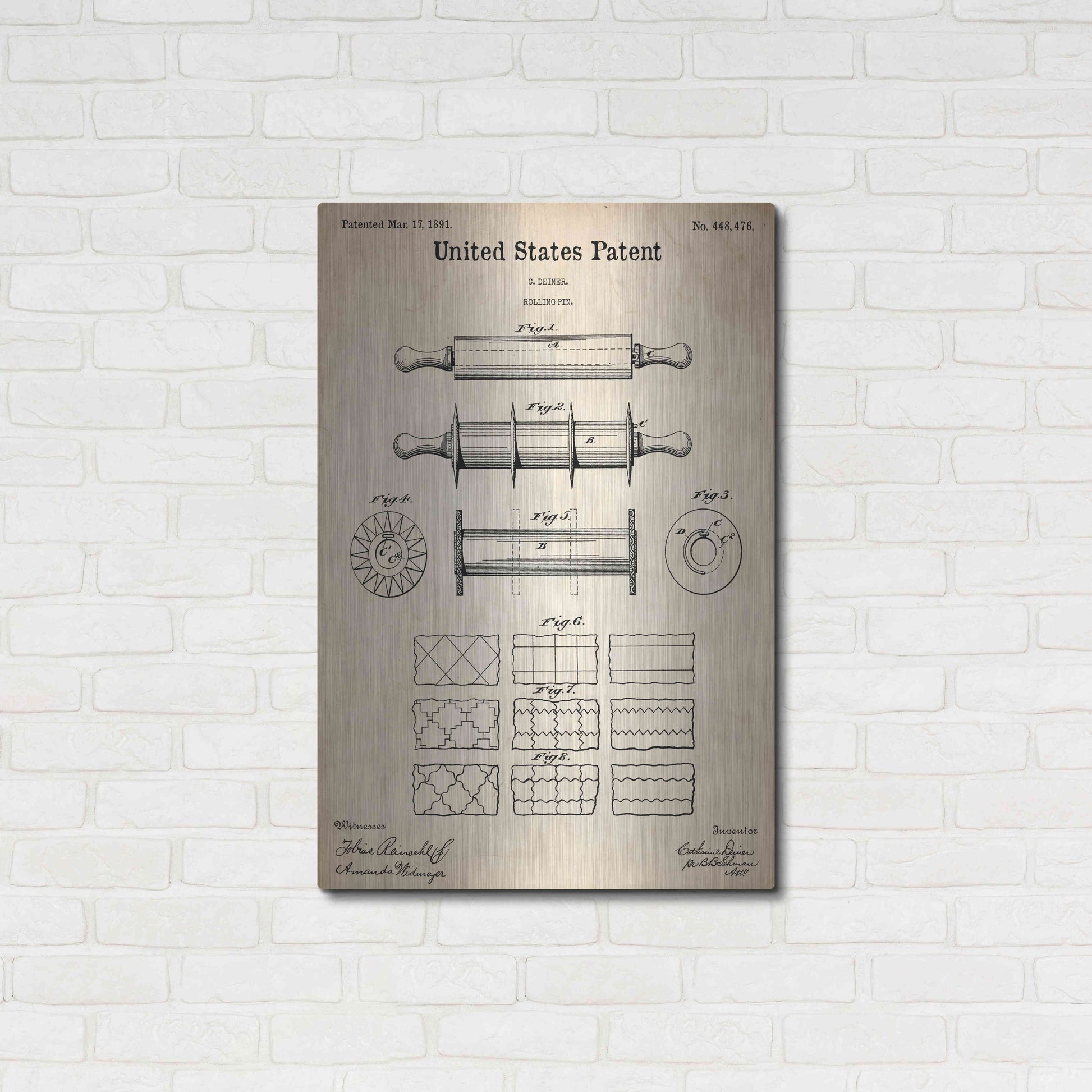 Luxe Metal Art 'Rolling Pin Blueprint Patent Parchment,' Metal Wall Art,24x36